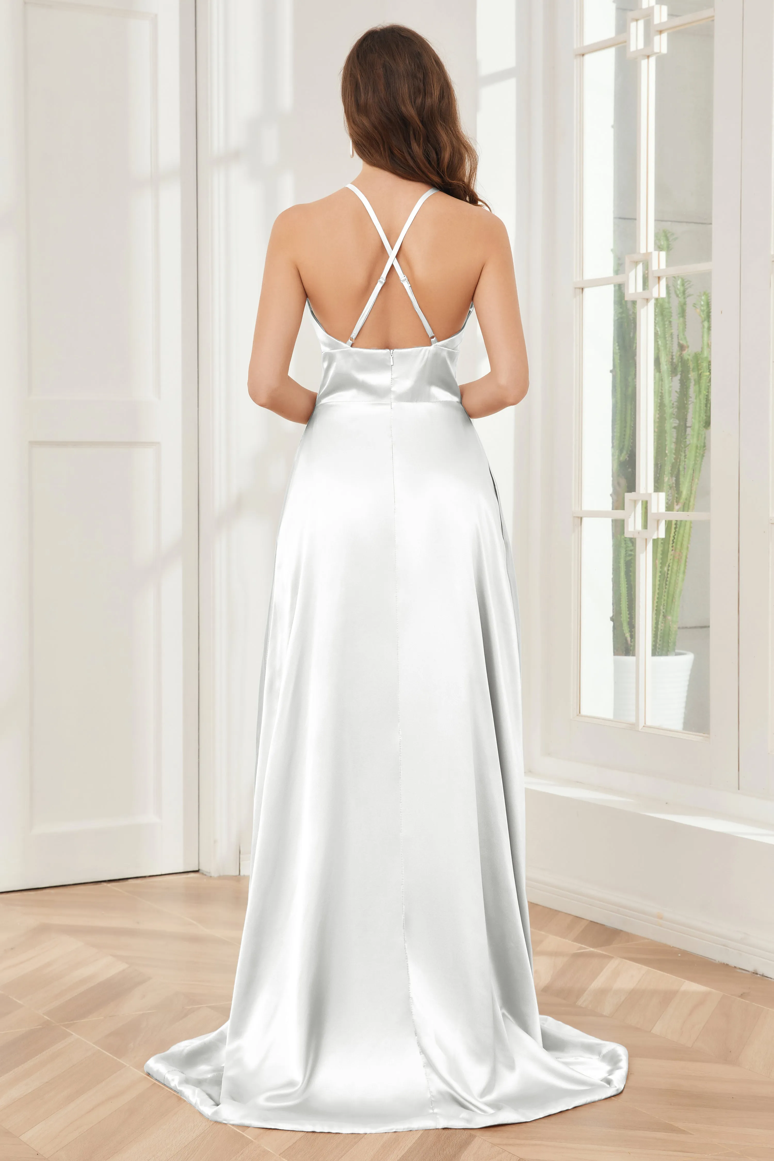 Column Halter Soft Satin Bridesmaid Dress with Pockets