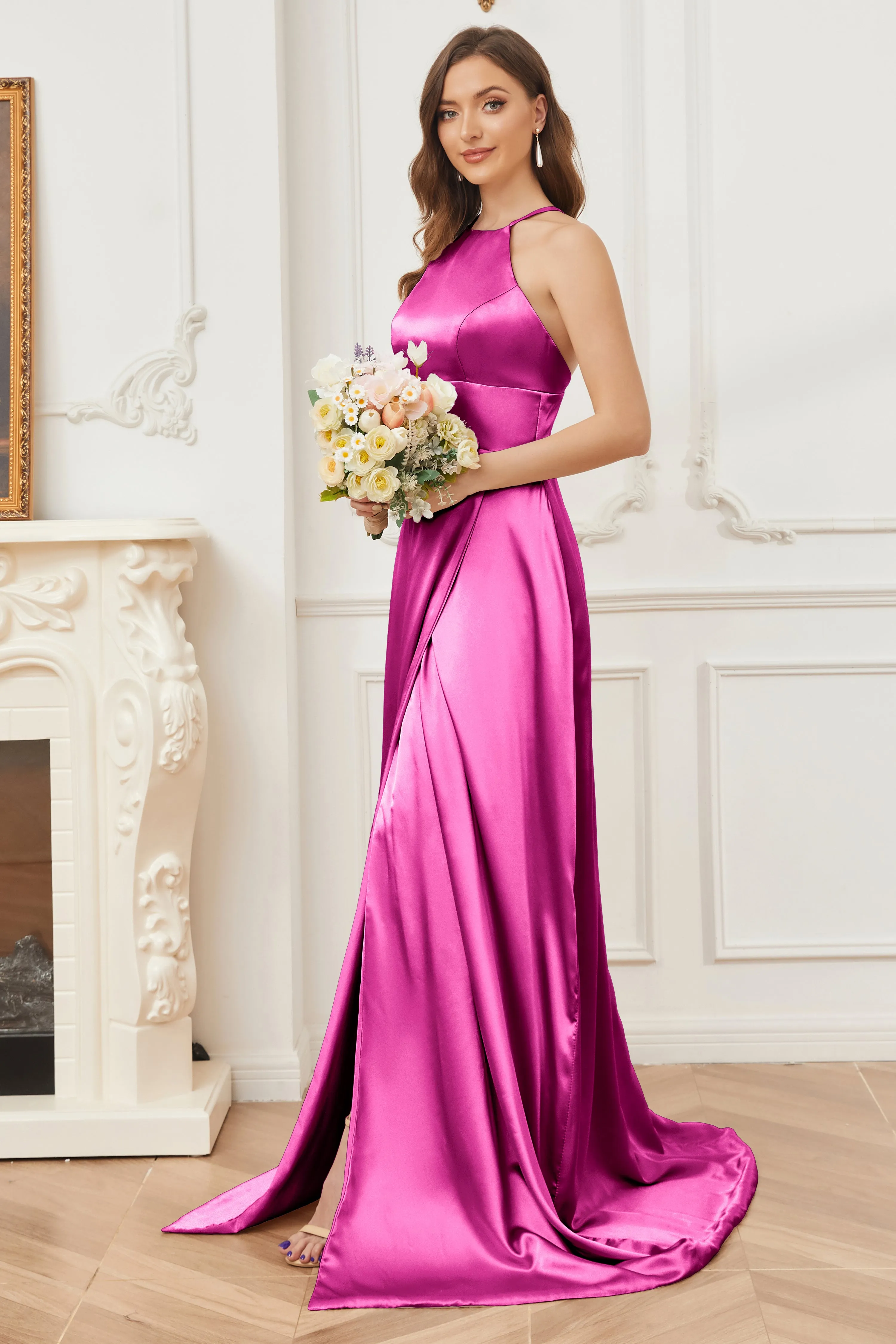 Column Halter Soft Satin Bridesmaid Dress with Pockets