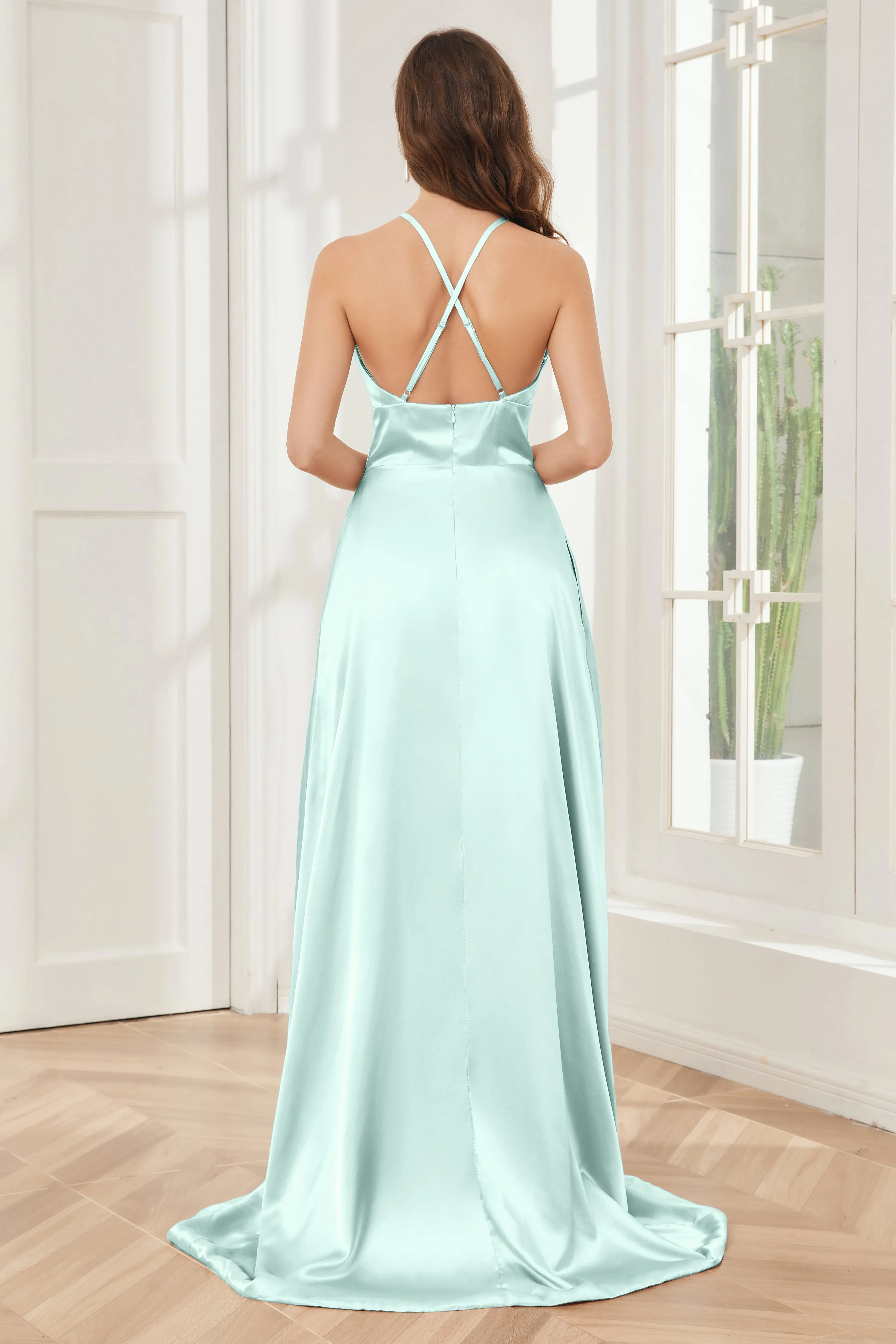 Column Halter Soft Satin Bridesmaid Dress with Pockets