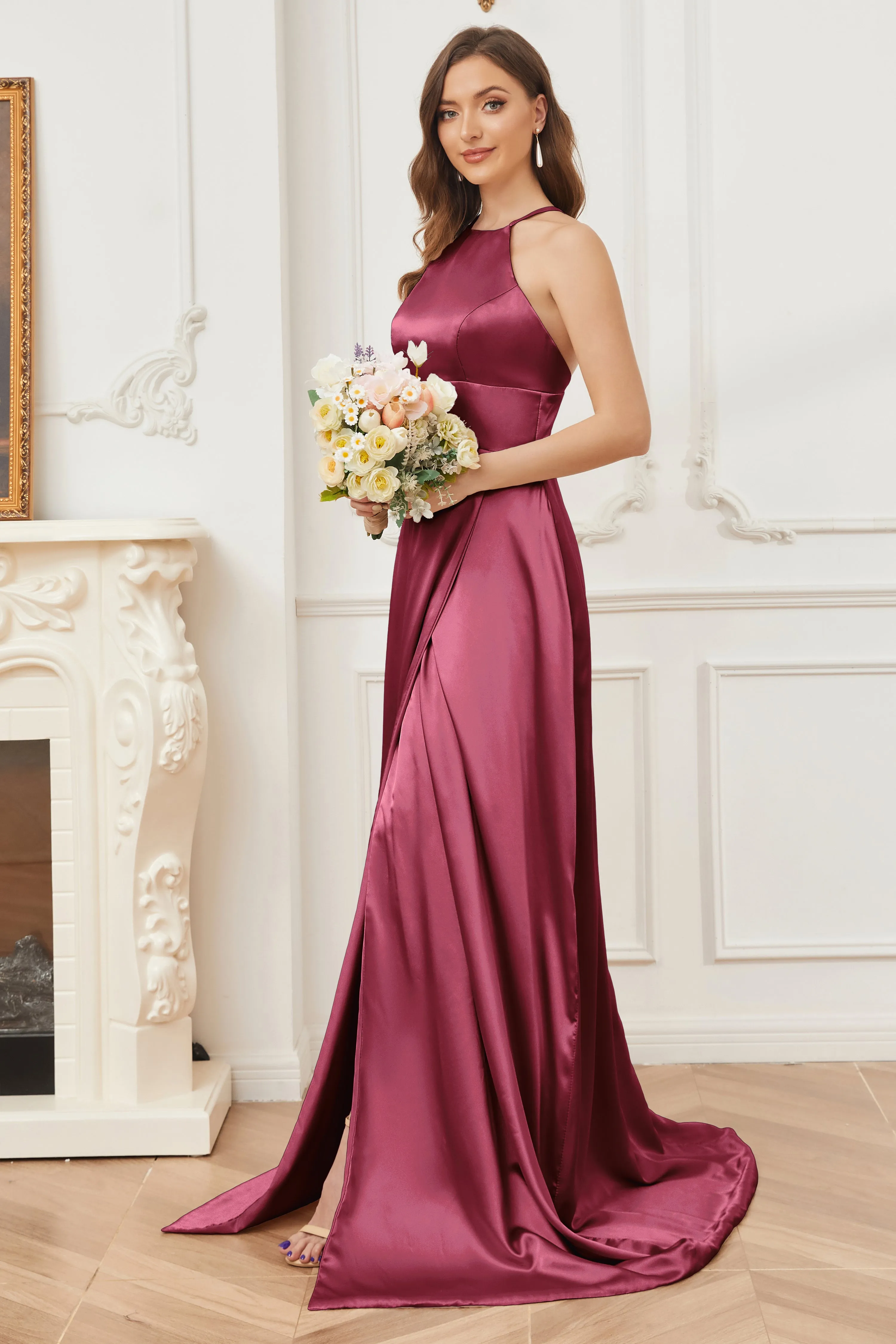 Column Halter Soft Satin Bridesmaid Dress with Pockets