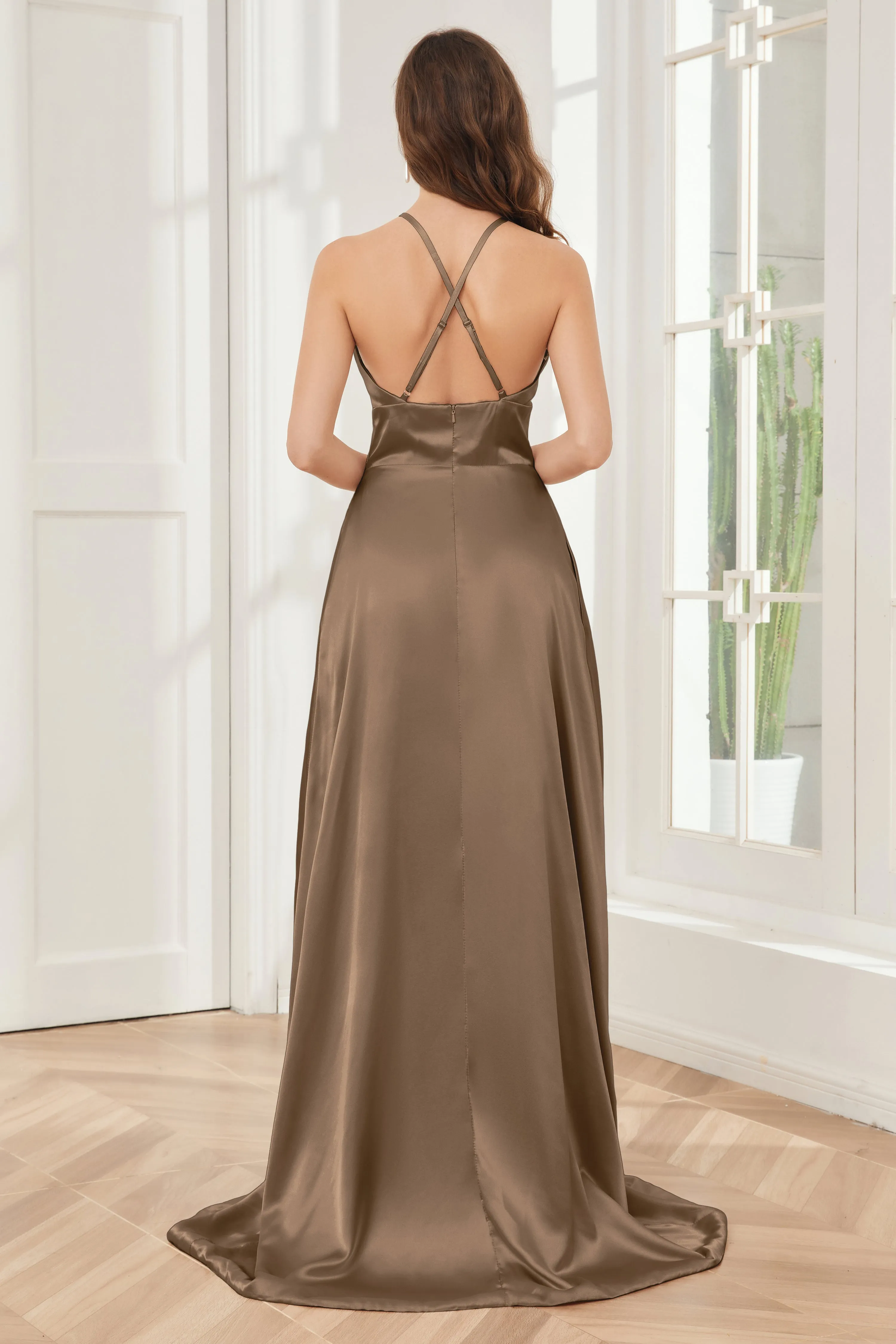Column Halter Soft Satin Bridesmaid Dress with Pockets