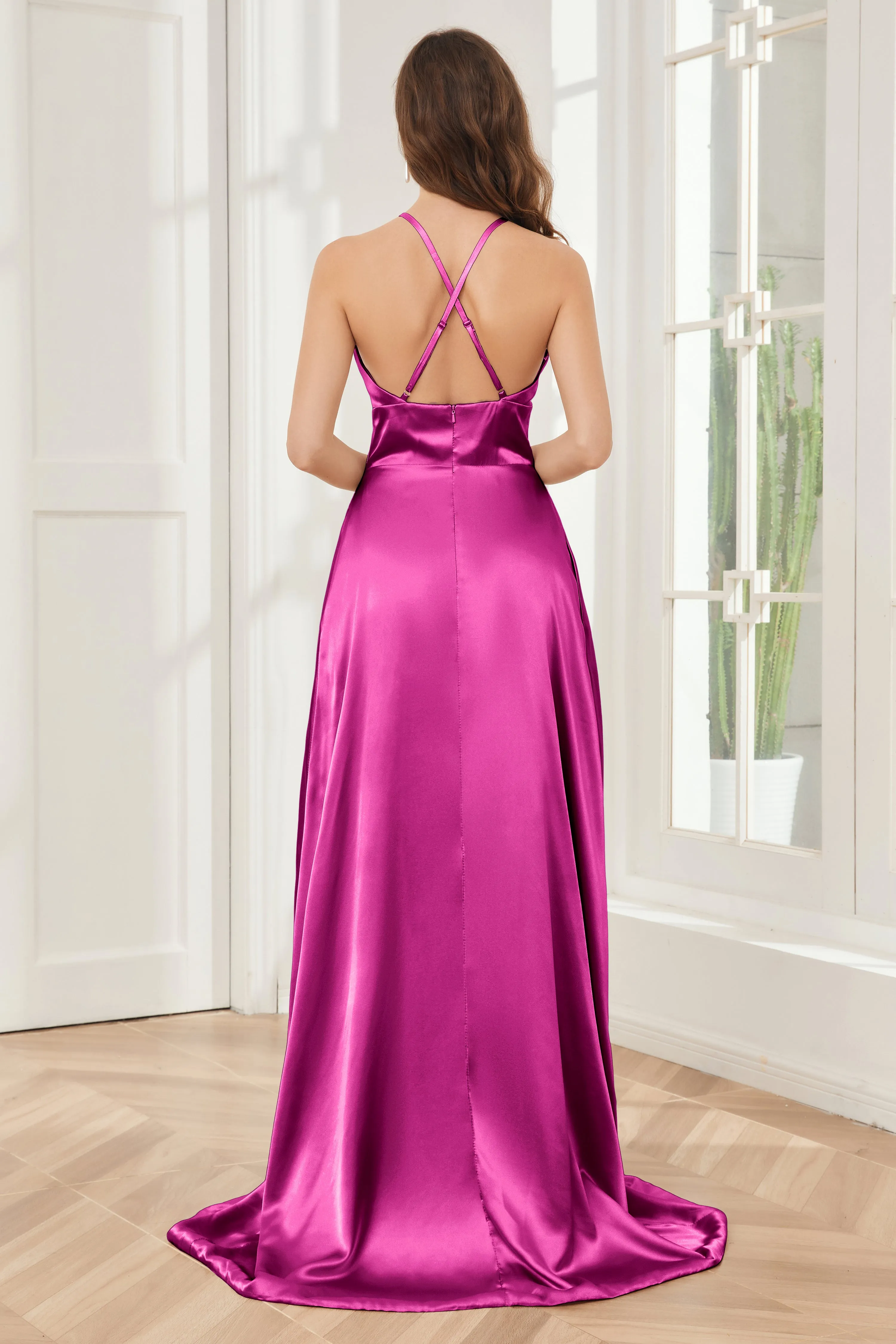 Column Halter Soft Satin Bridesmaid Dress with Pockets