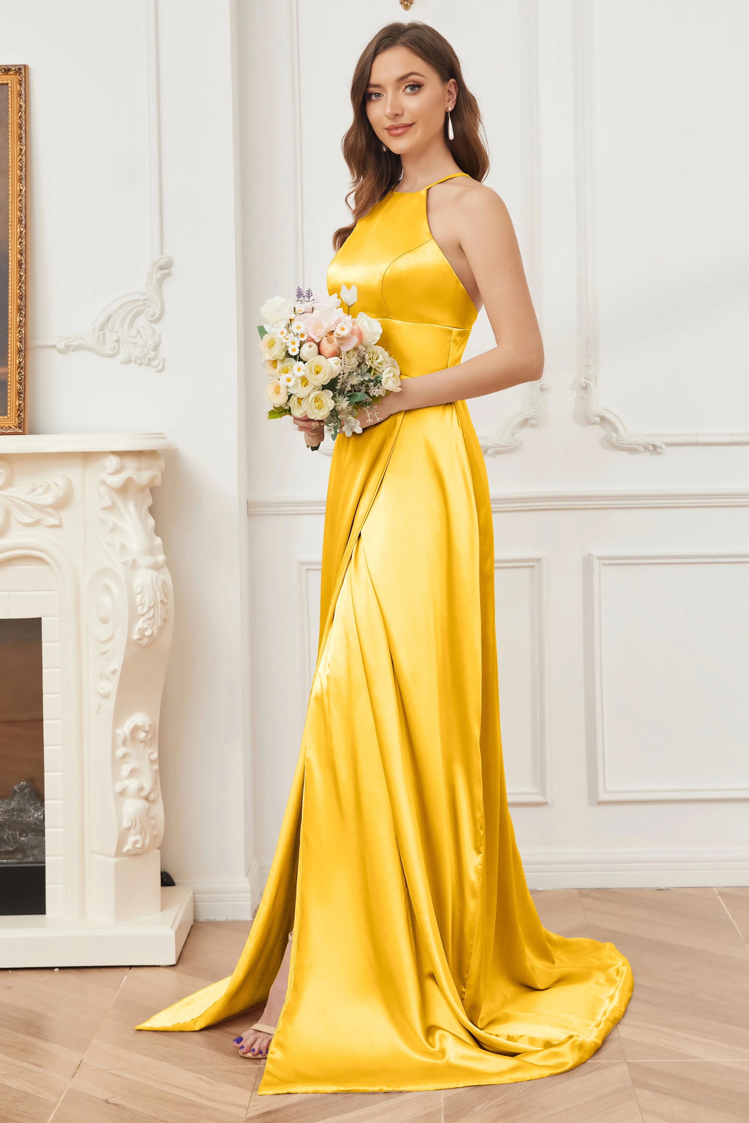 Column Halter Soft Satin Bridesmaid Dress with Pockets