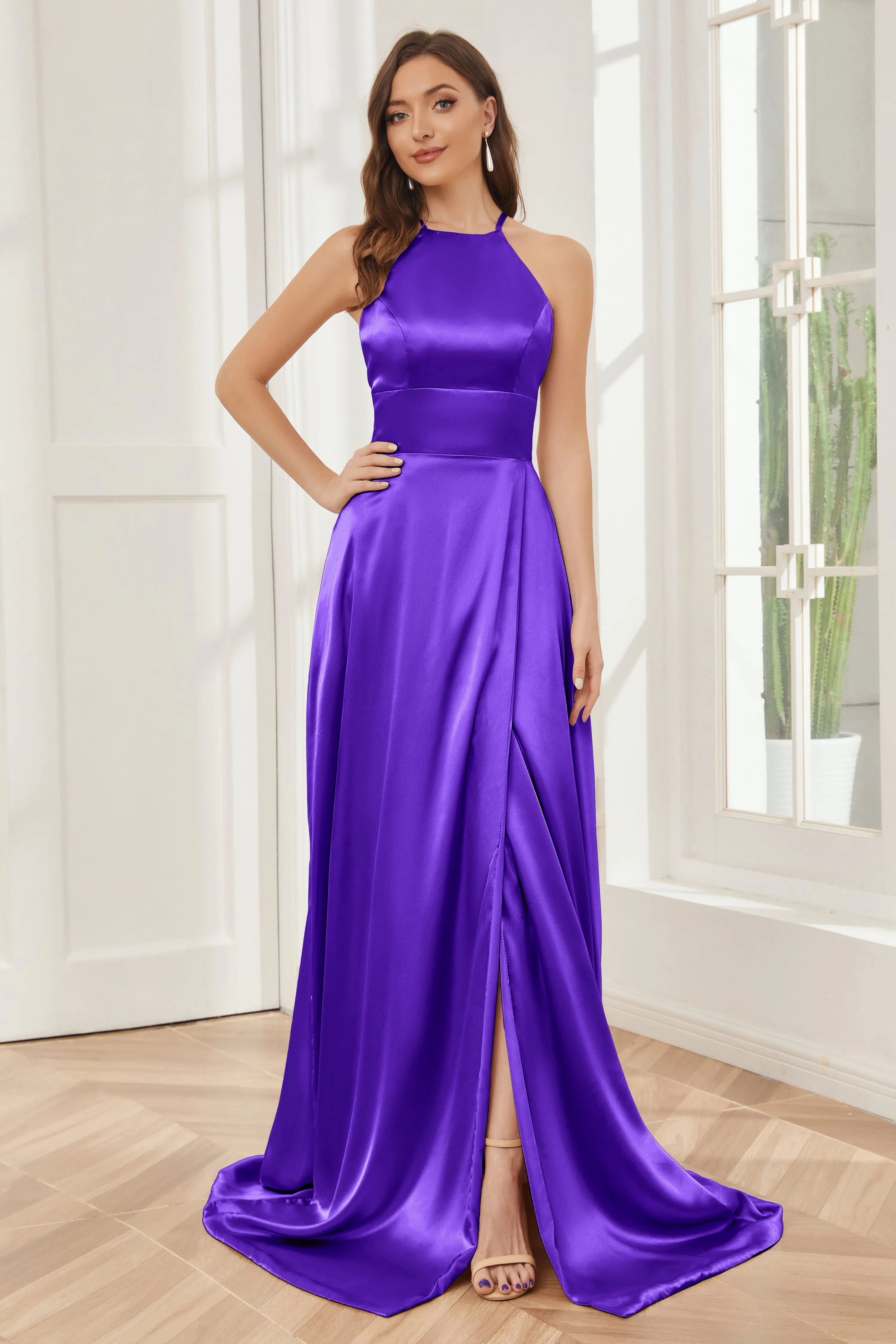 Column Halter Soft Satin Bridesmaid Dress with Pockets