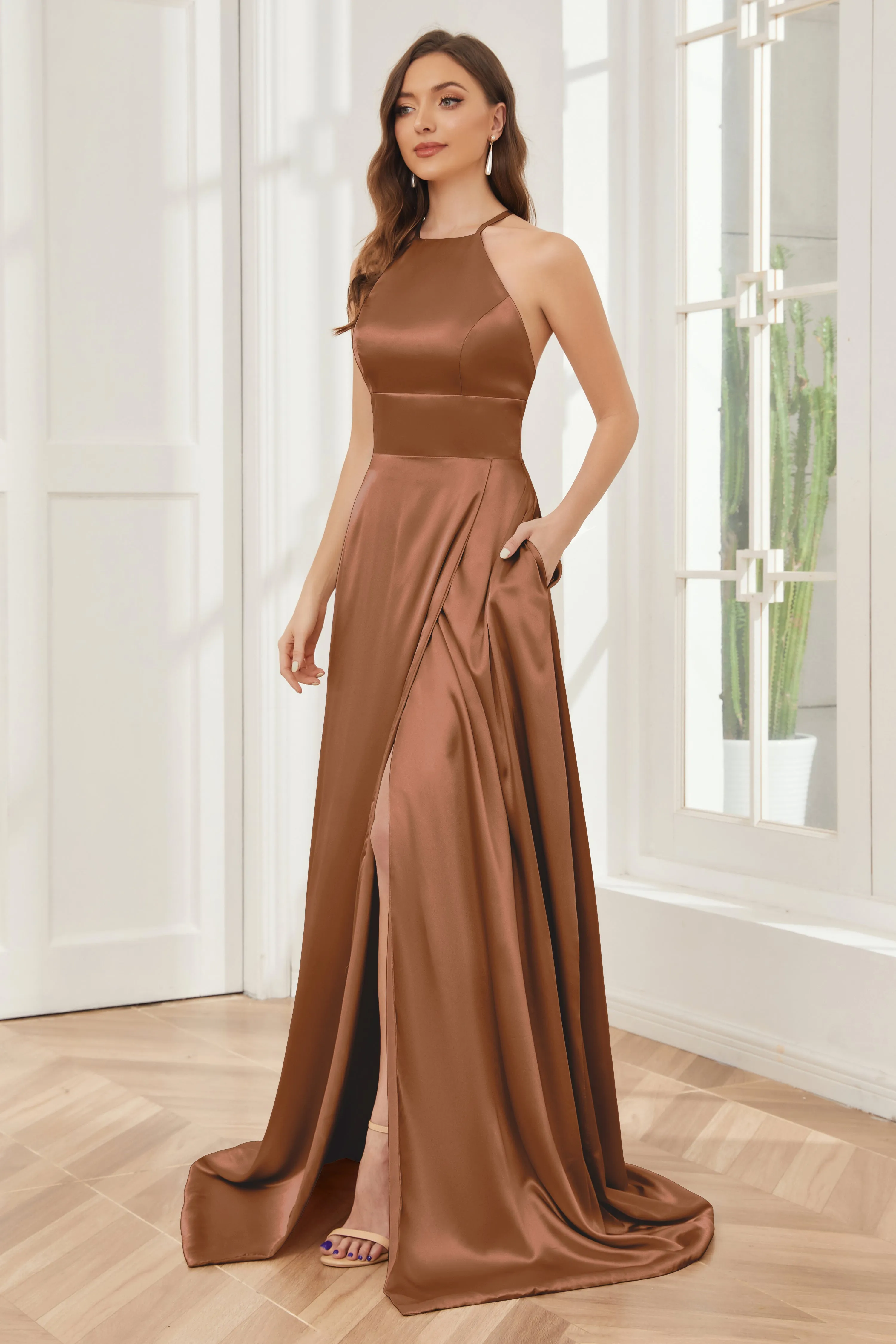 Column Halter Soft Satin Bridesmaid Dress with Pockets