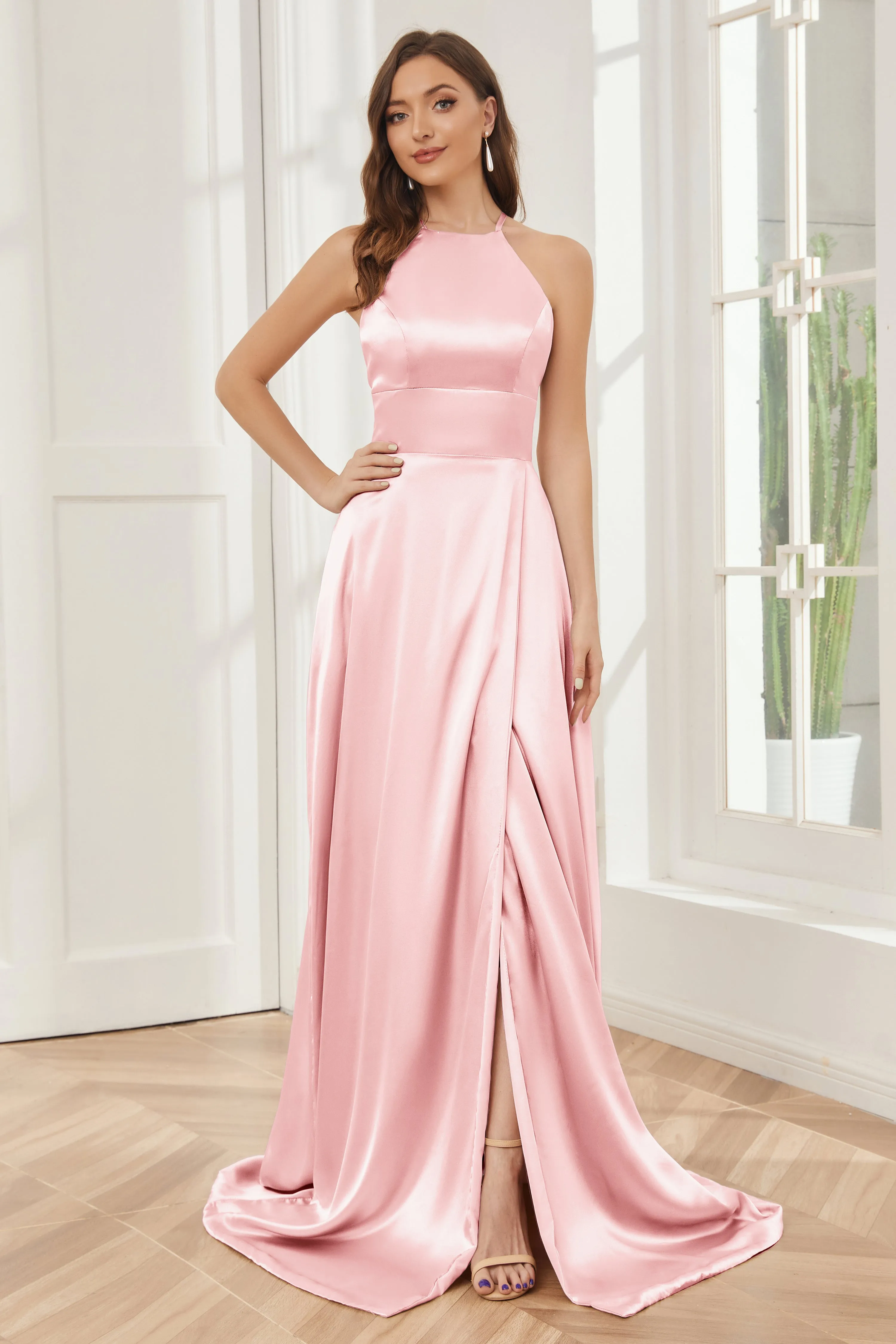 Column Halter Soft Satin Bridesmaid Dress with Pockets
