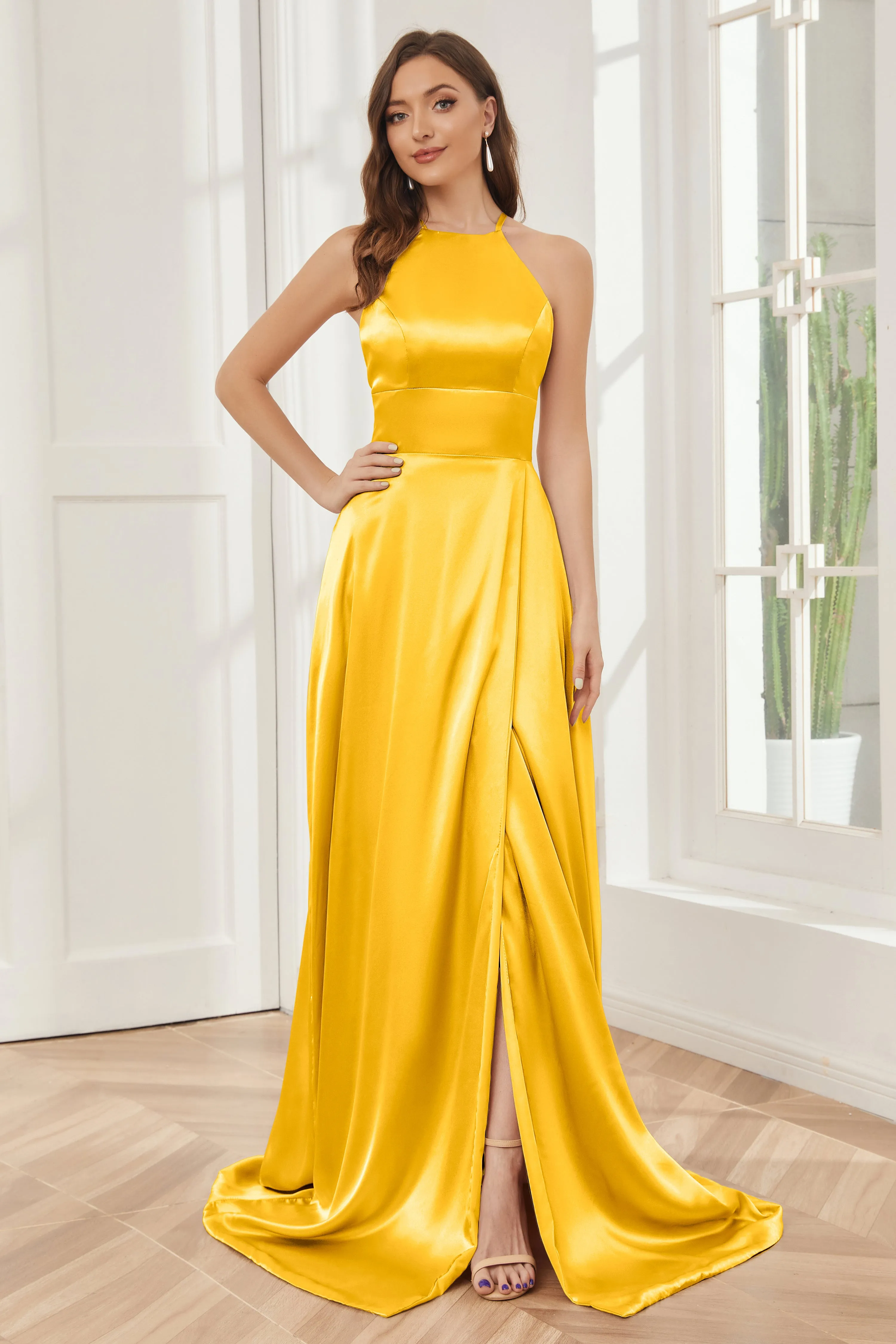 Column Halter Soft Satin Bridesmaid Dress with Pockets