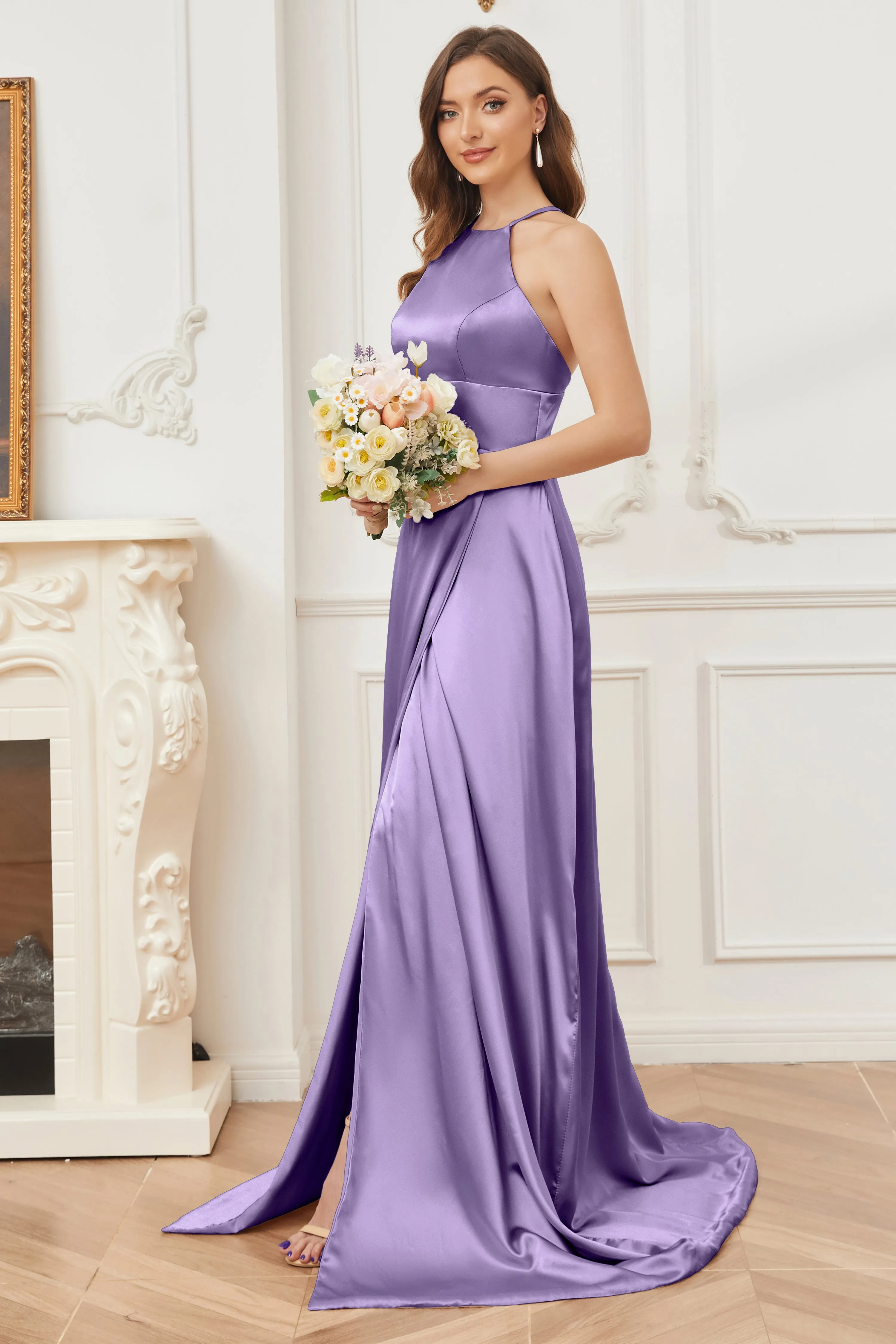 Column Halter Soft Satin Bridesmaid Dress with Pockets