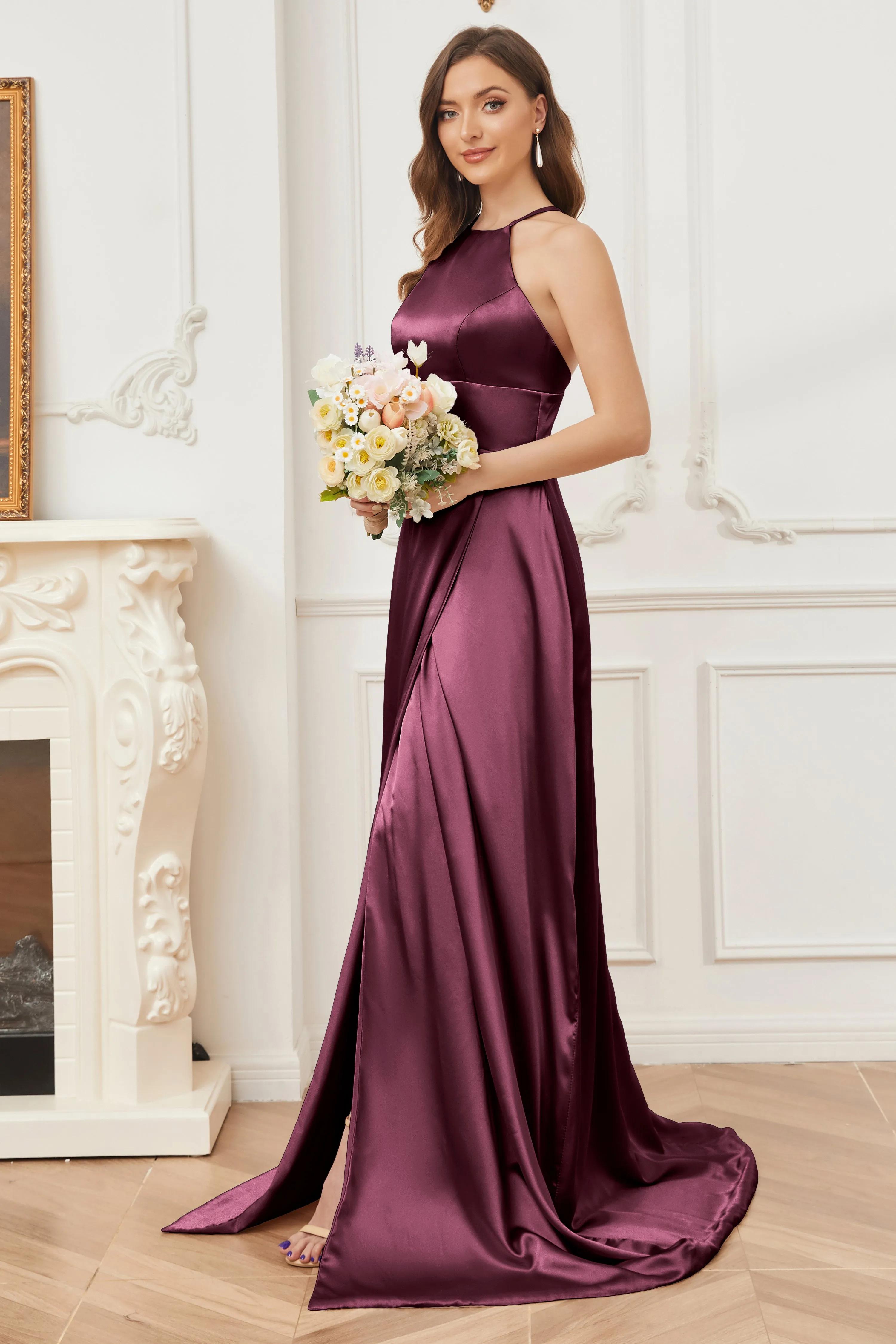 Column Halter Soft Satin Bridesmaid Dress with Pockets