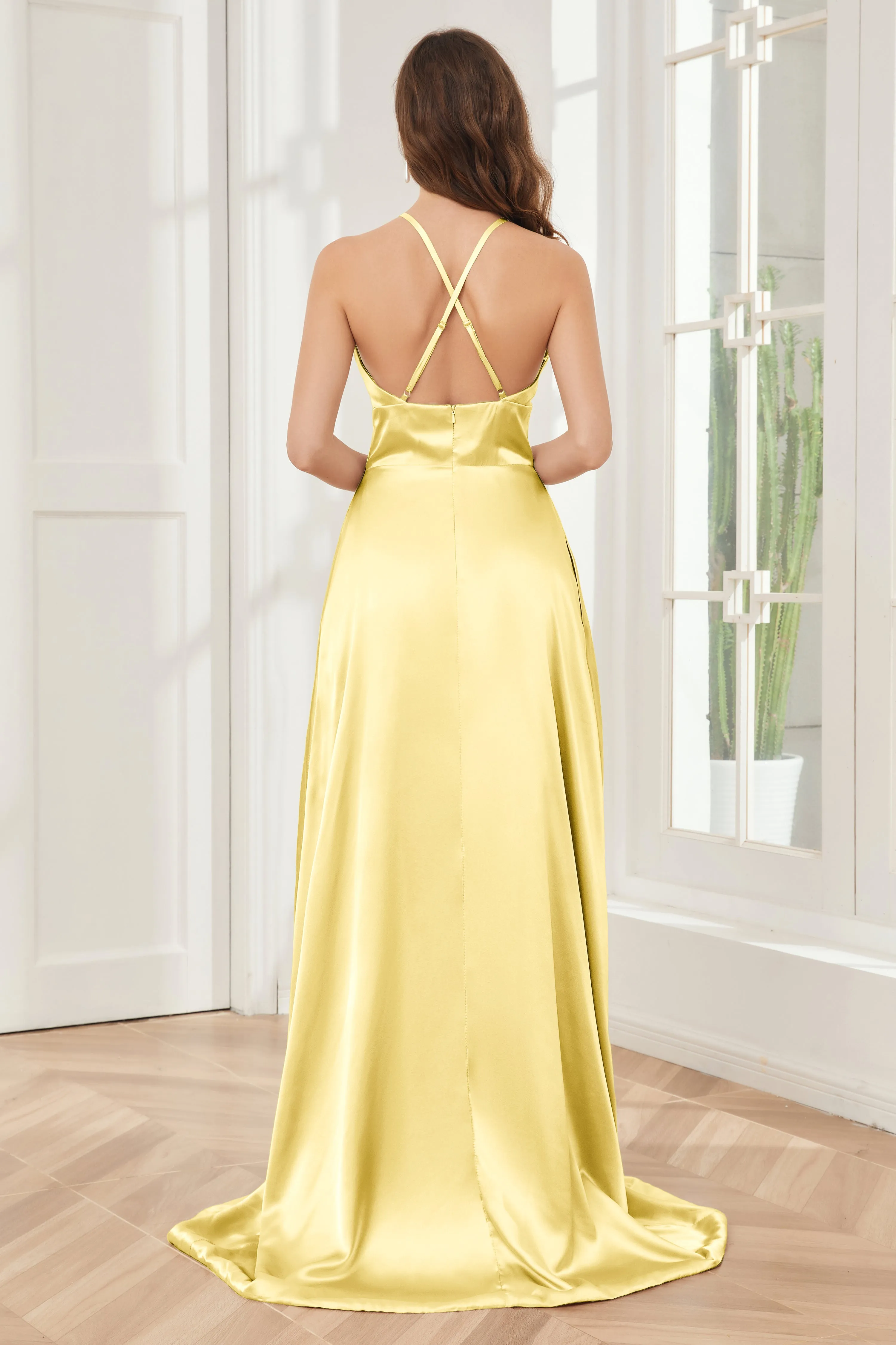 Column Halter Soft Satin Bridesmaid Dress with Pockets