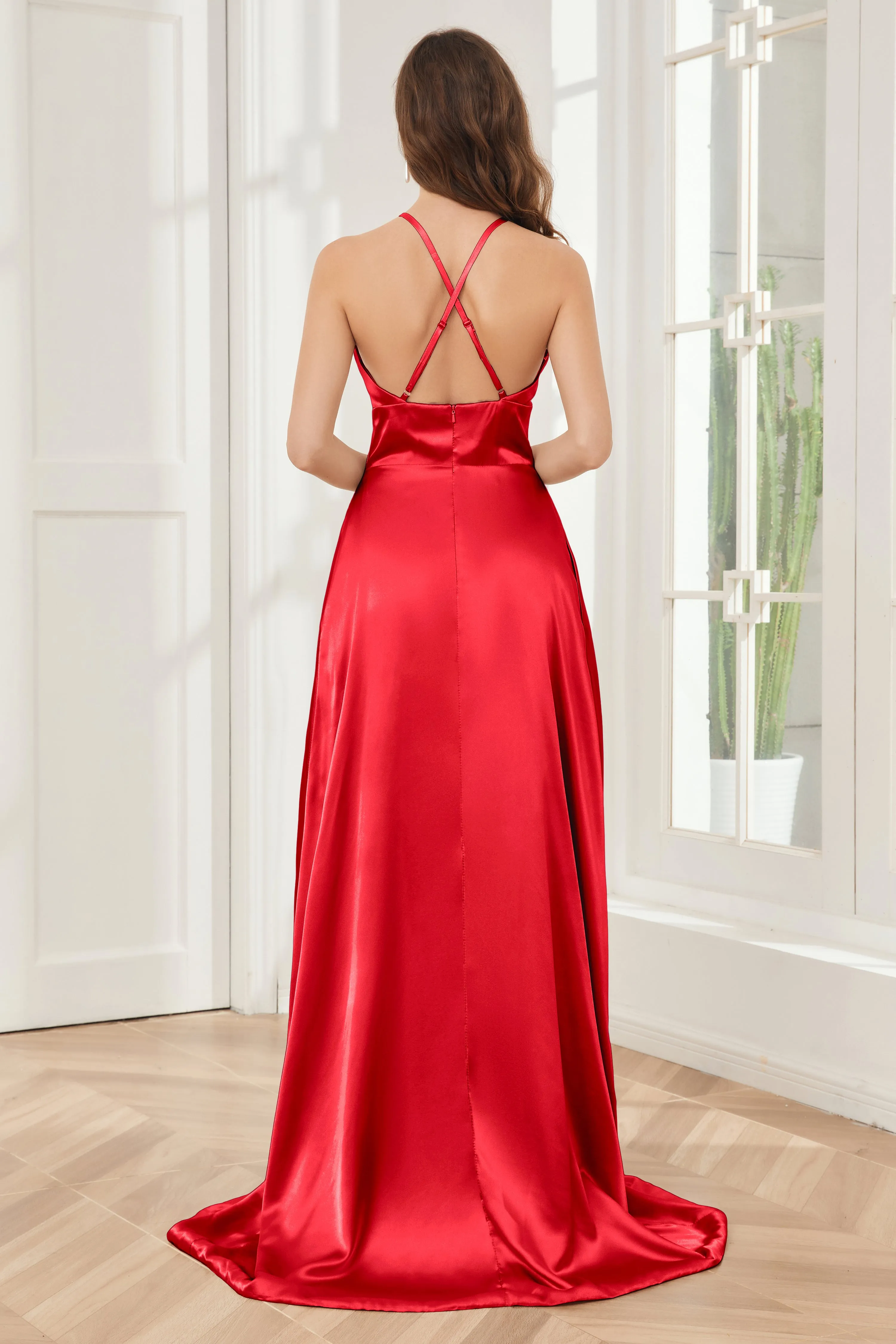 Column Halter Soft Satin Bridesmaid Dress with Pockets