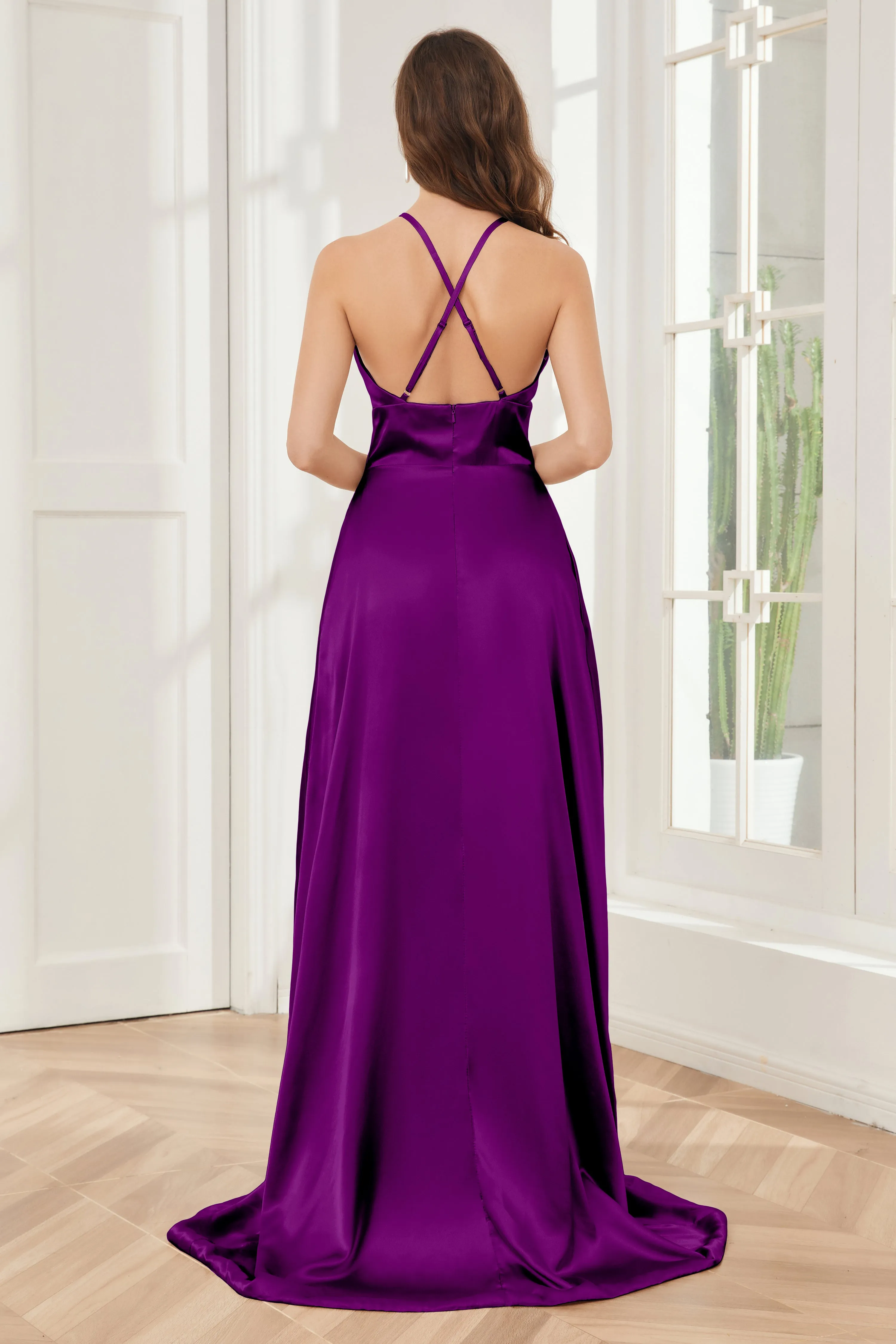Column Halter Soft Satin Bridesmaid Dress with Pockets