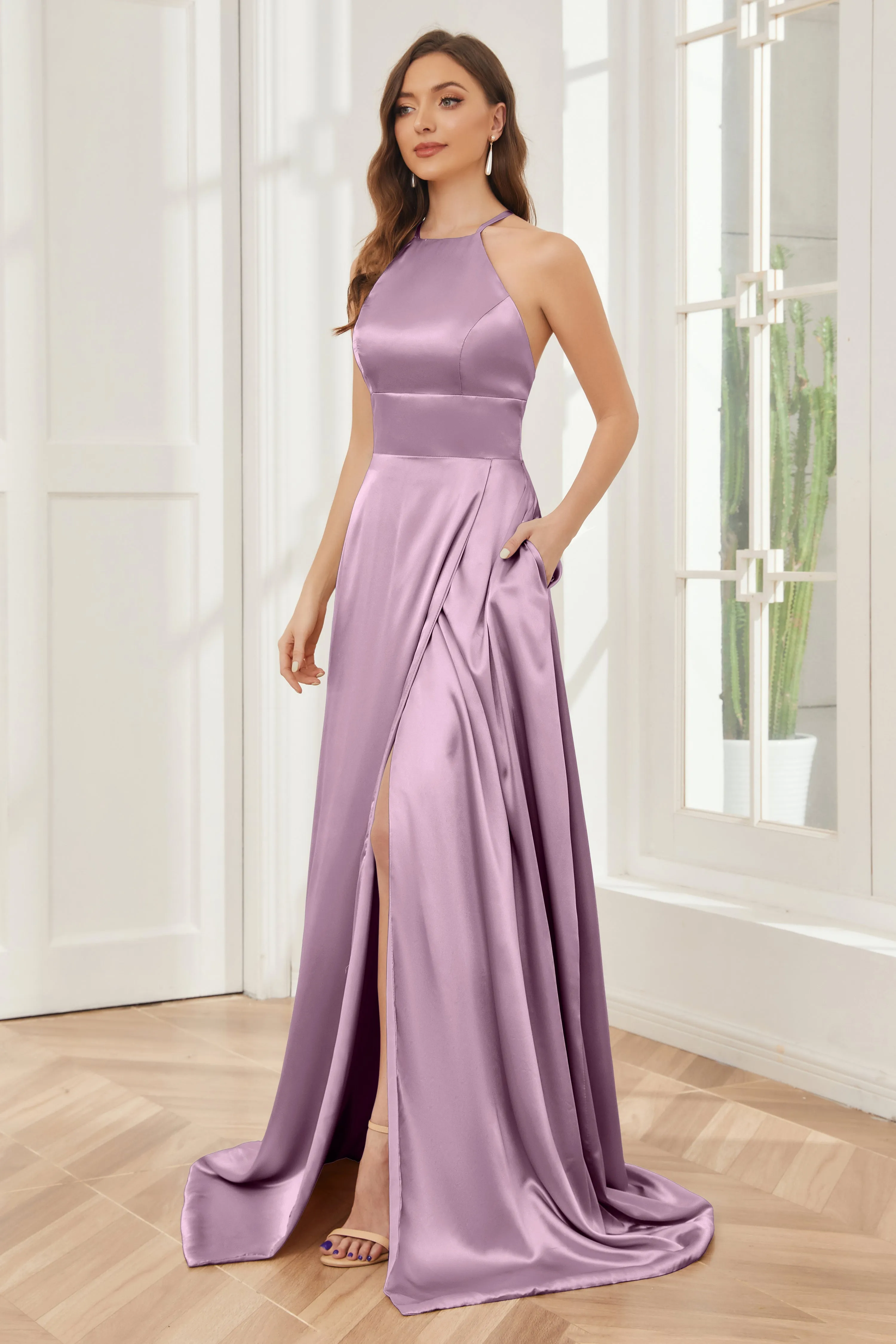 Column Halter Soft Satin Bridesmaid Dress with Pockets