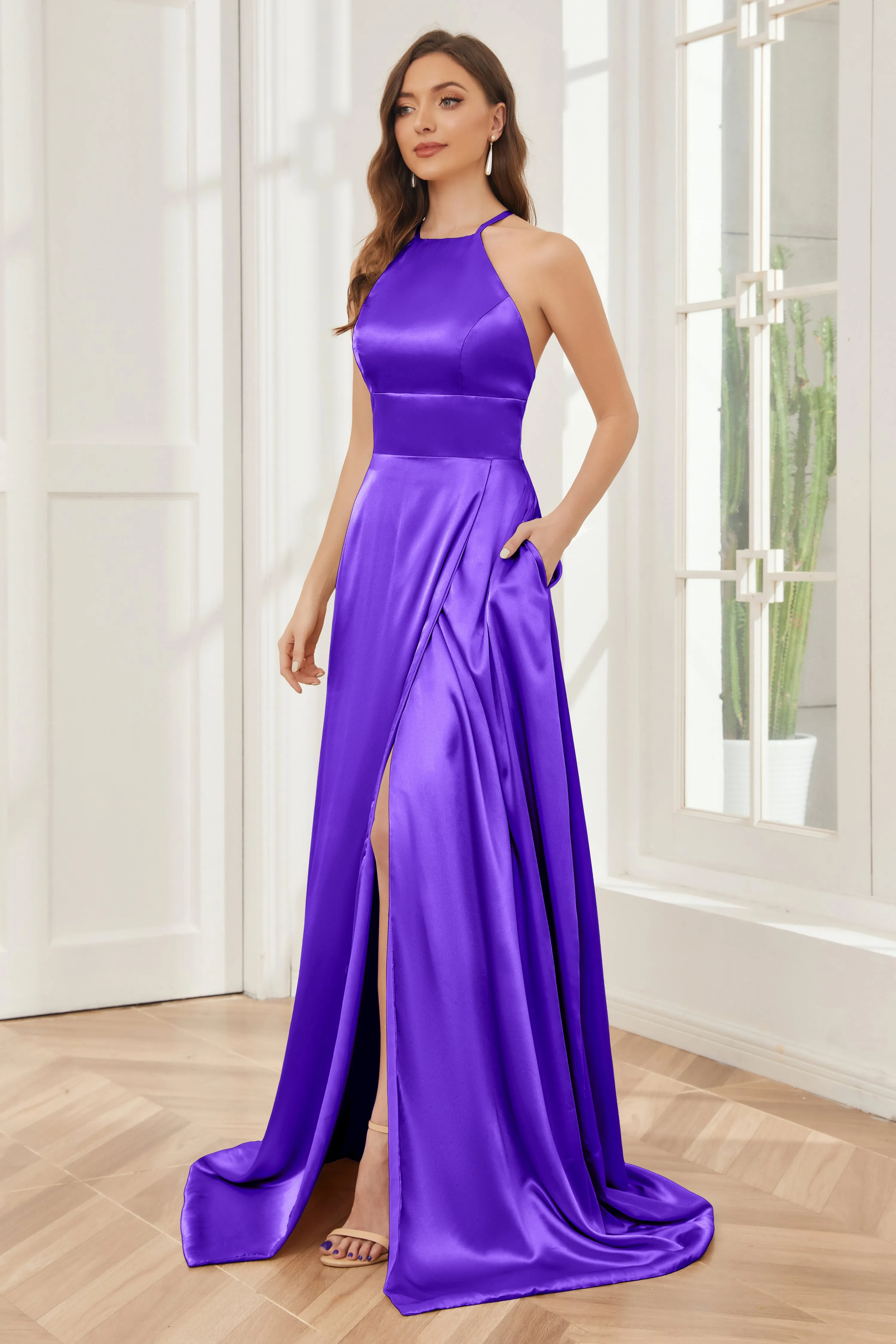 Column Halter Soft Satin Bridesmaid Dress with Pockets