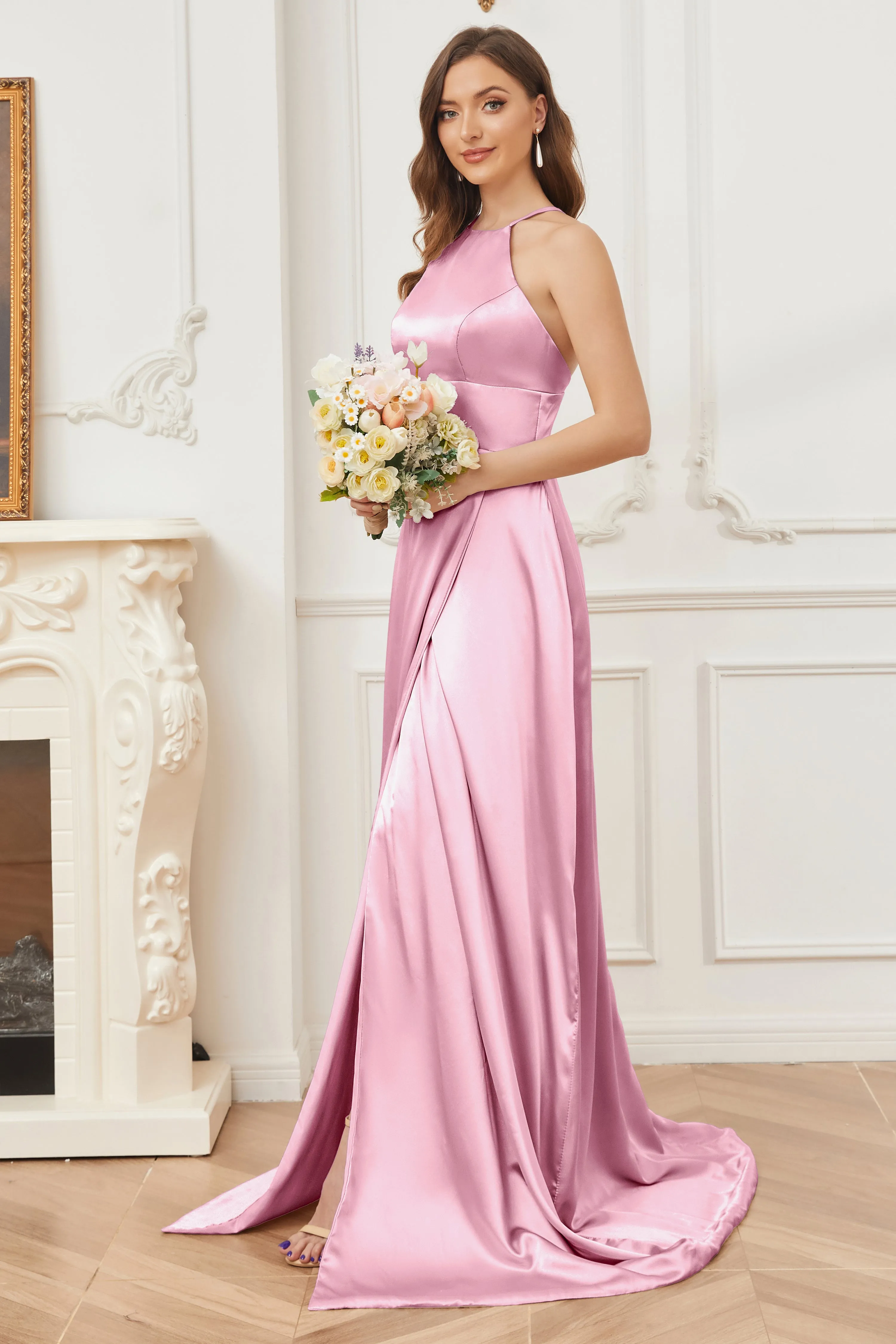 Column Halter Soft Satin Bridesmaid Dress with Pockets