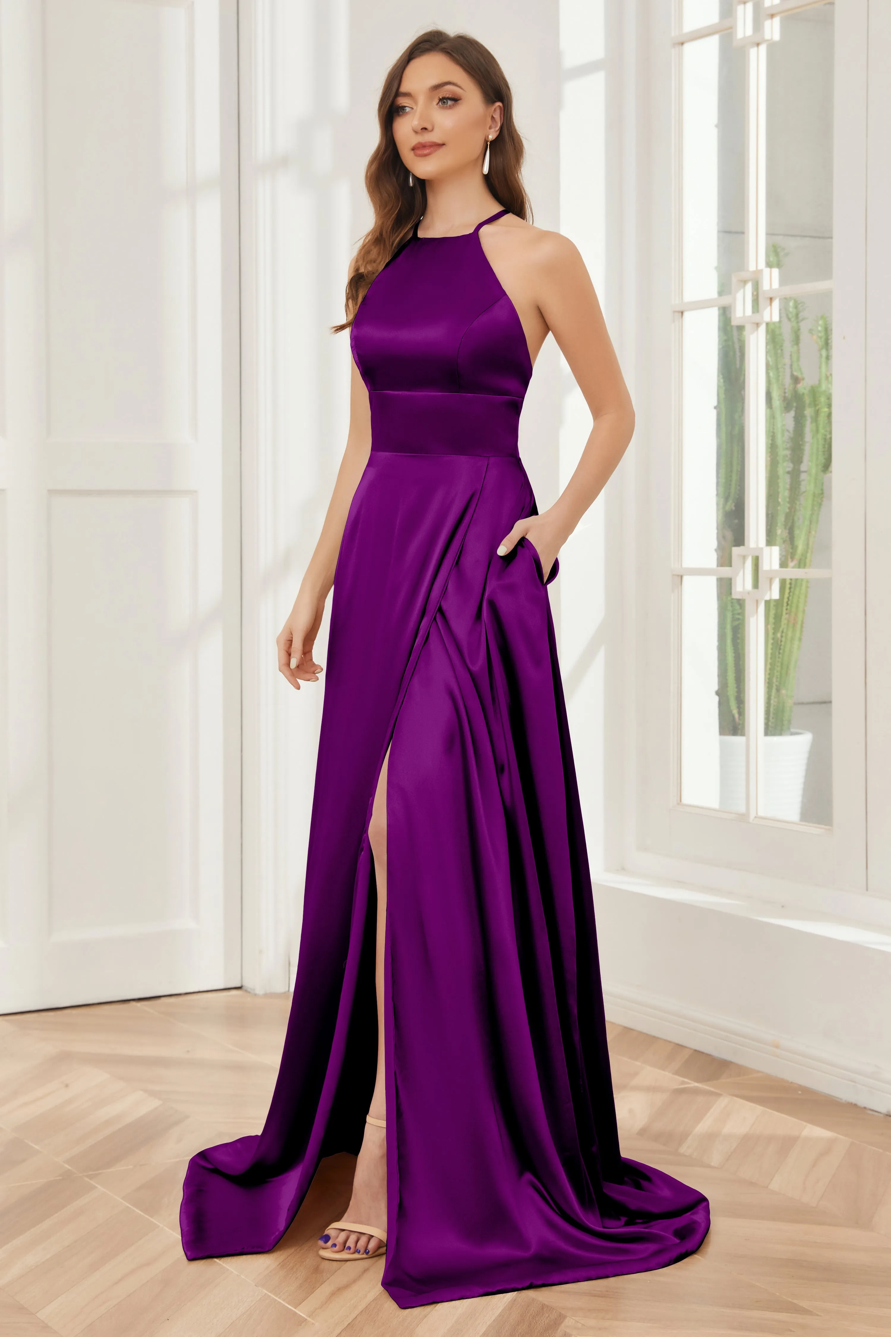 Column Halter Soft Satin Bridesmaid Dress with Pockets