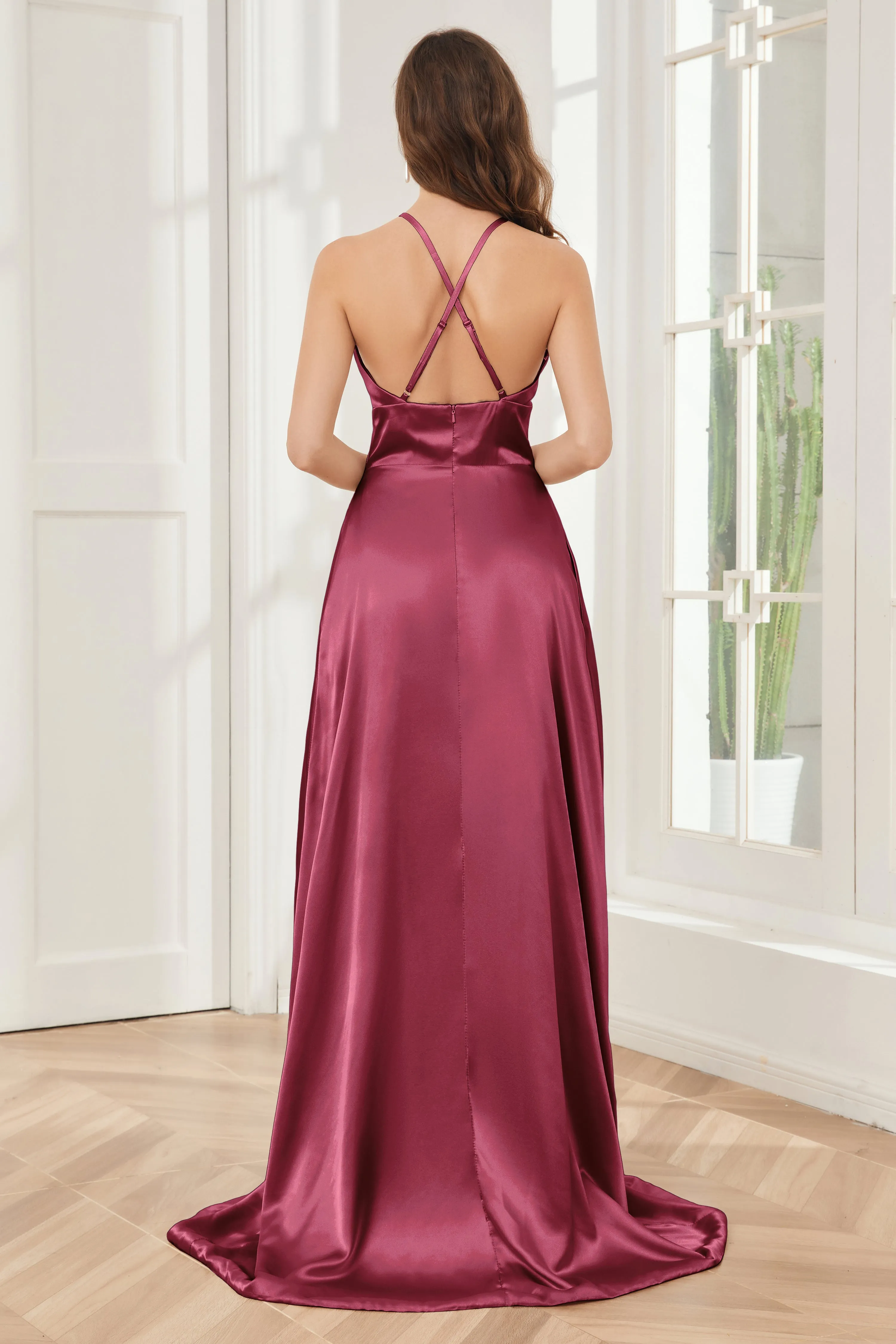 Column Halter Soft Satin Bridesmaid Dress with Pockets