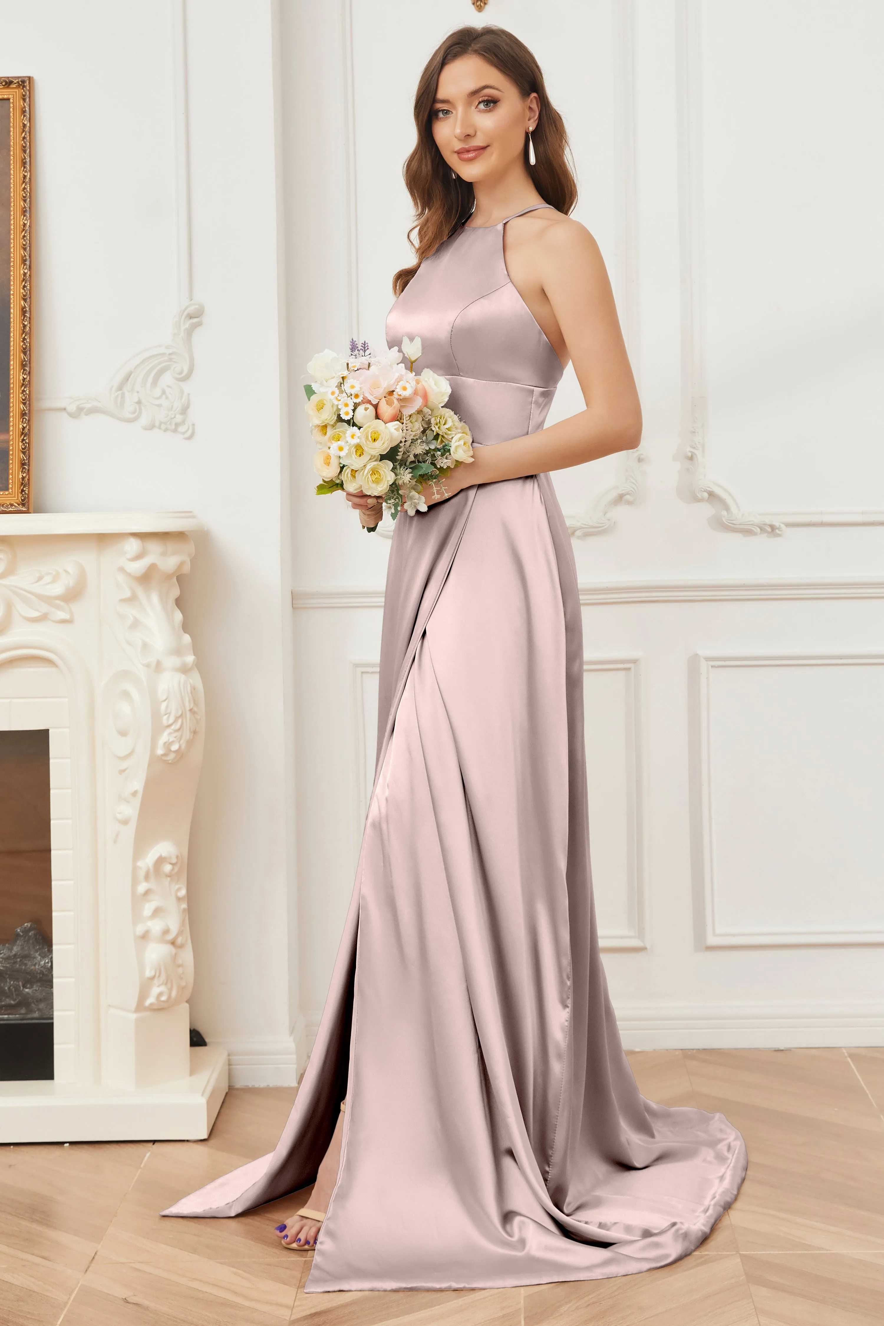 Column Halter Soft Satin Bridesmaid Dress with Pockets