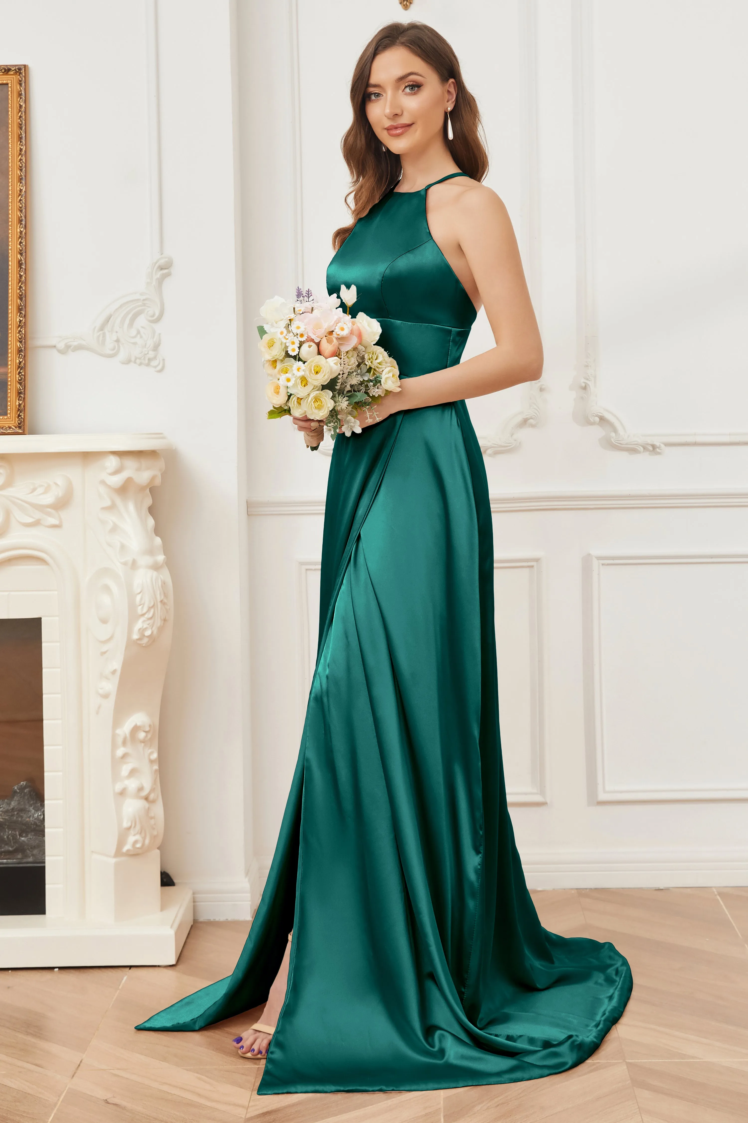Column Halter Soft Satin Bridesmaid Dress with Pockets