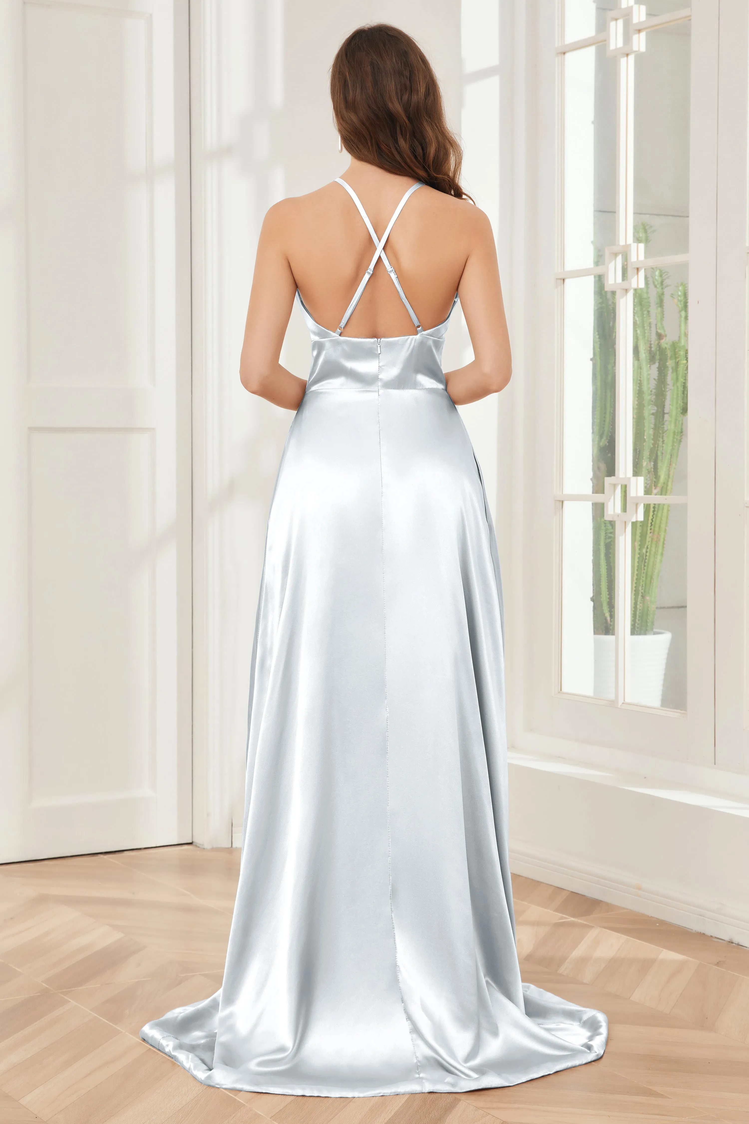 Column Halter Soft Satin Bridesmaid Dress with Pockets