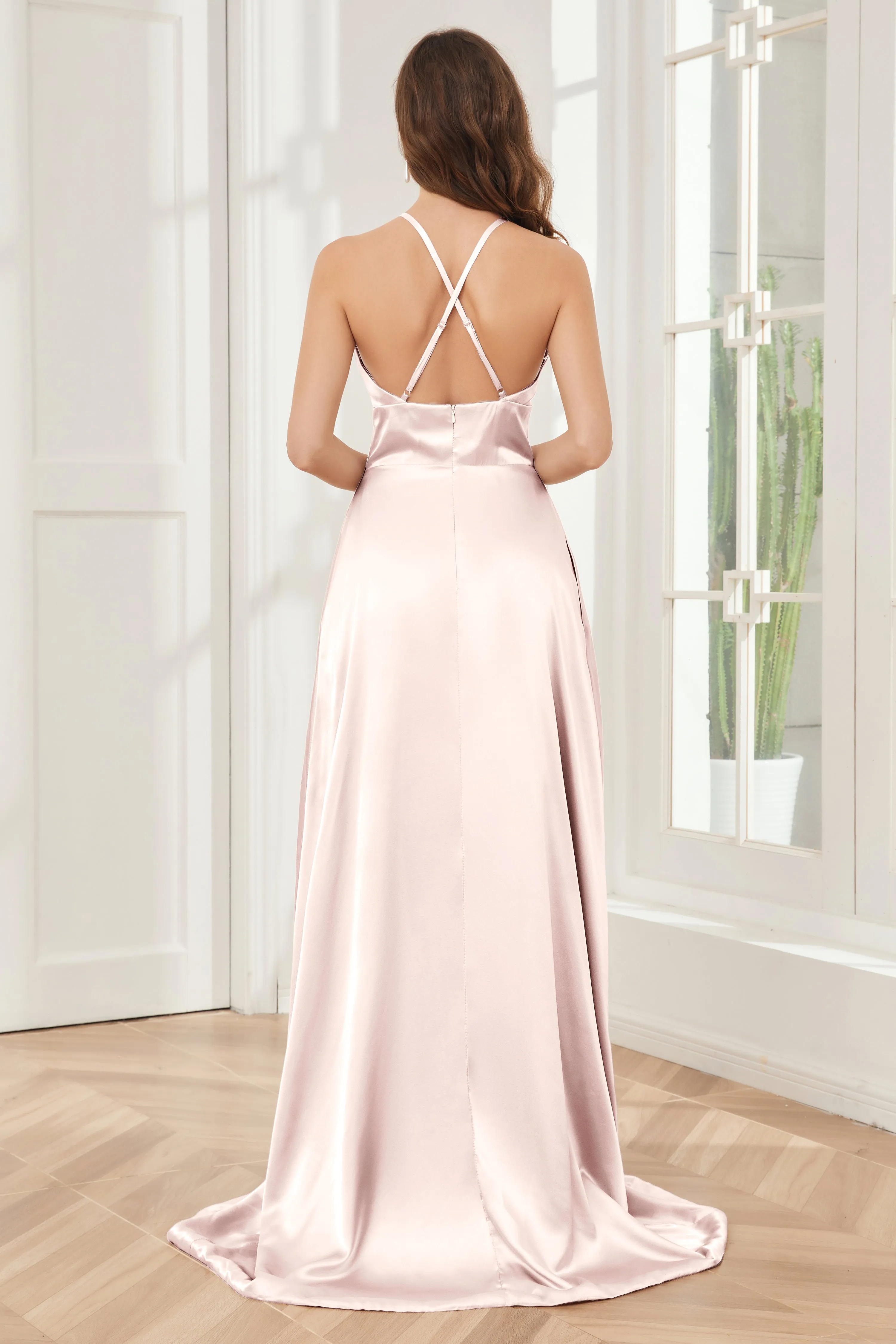 Column Halter Soft Satin Bridesmaid Dress with Pockets