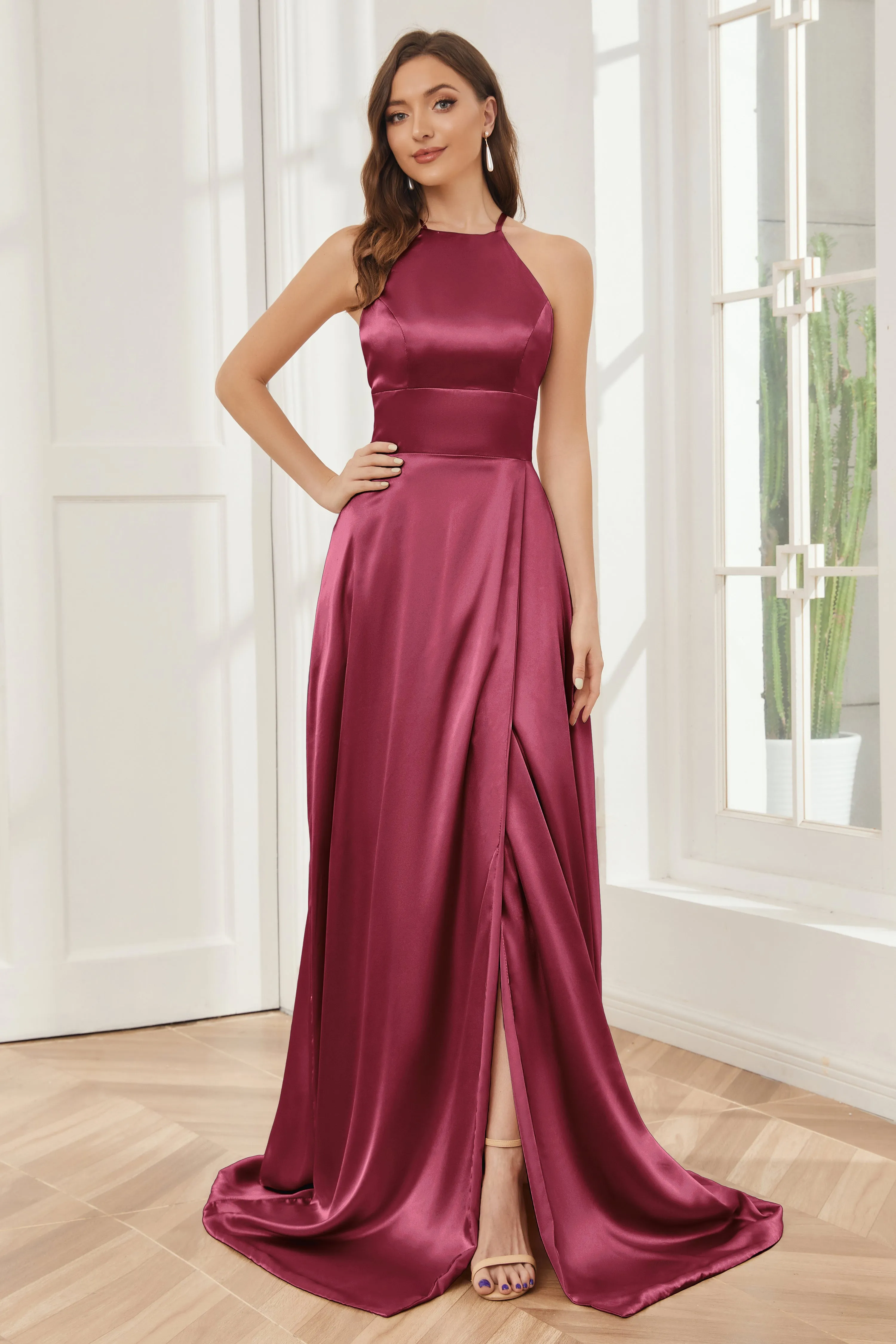 Column Halter Soft Satin Bridesmaid Dress with Pockets
