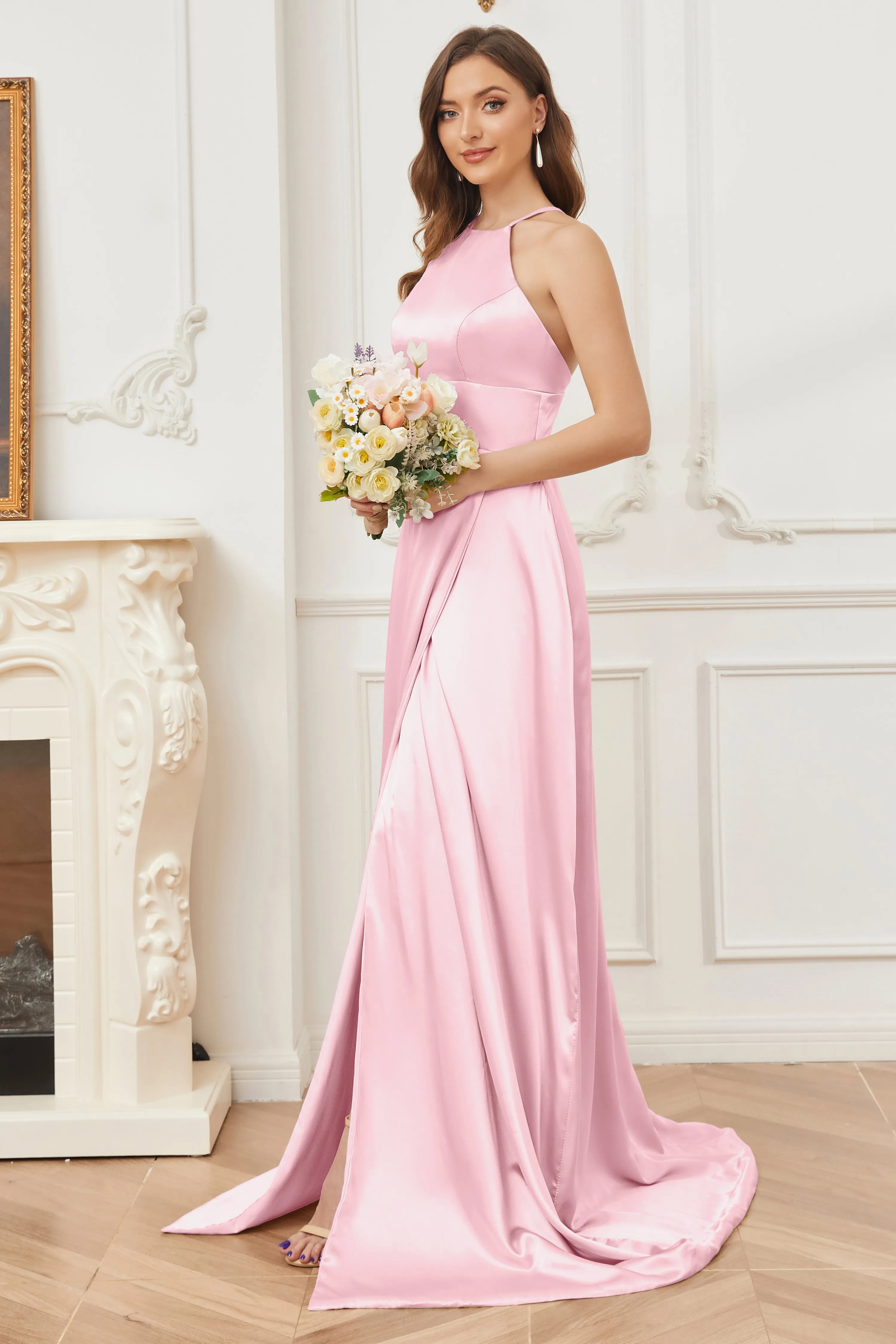 Column Halter Soft Satin Bridesmaid Dress with Pockets