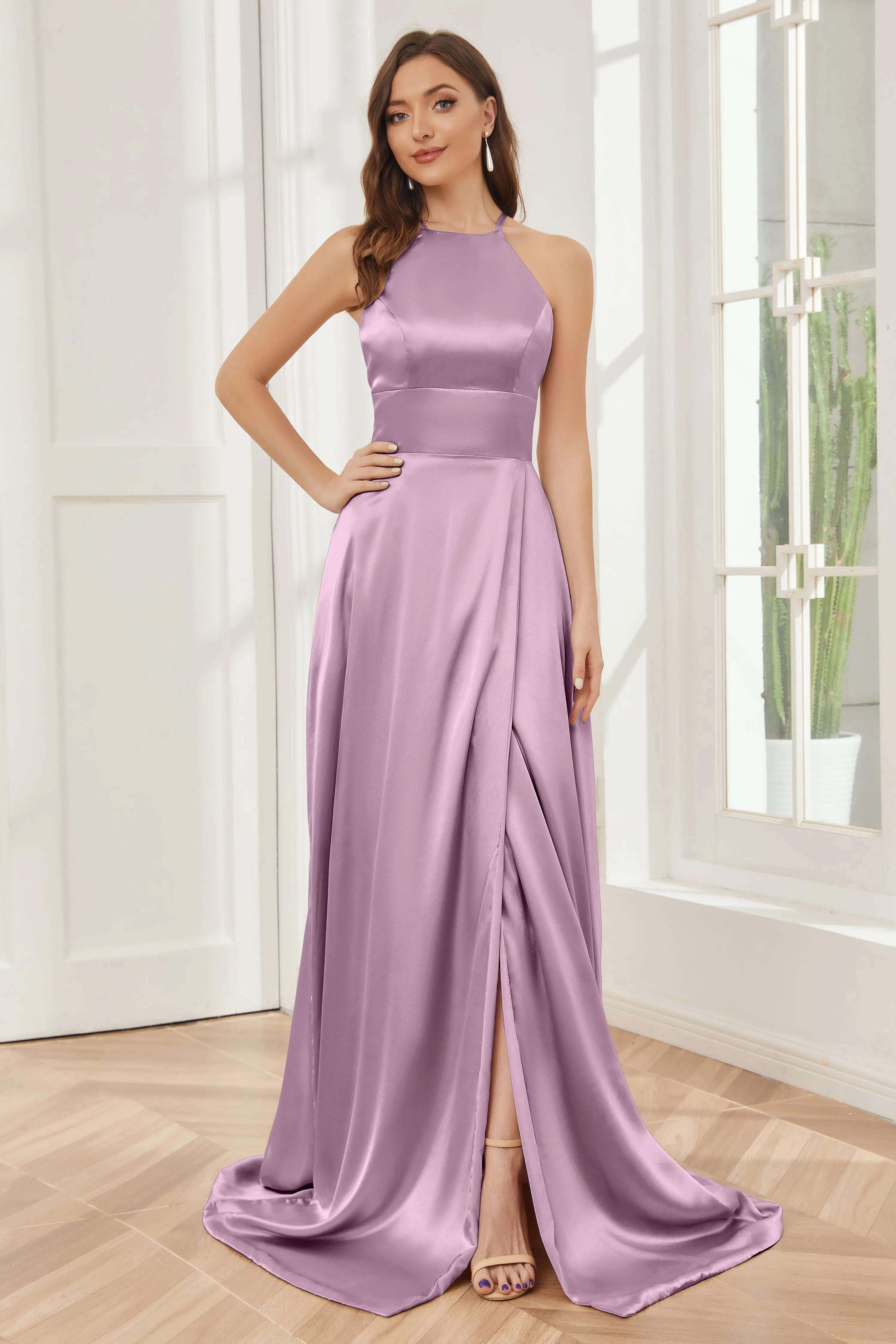 Column Halter Soft Satin Bridesmaid Dress with Pockets