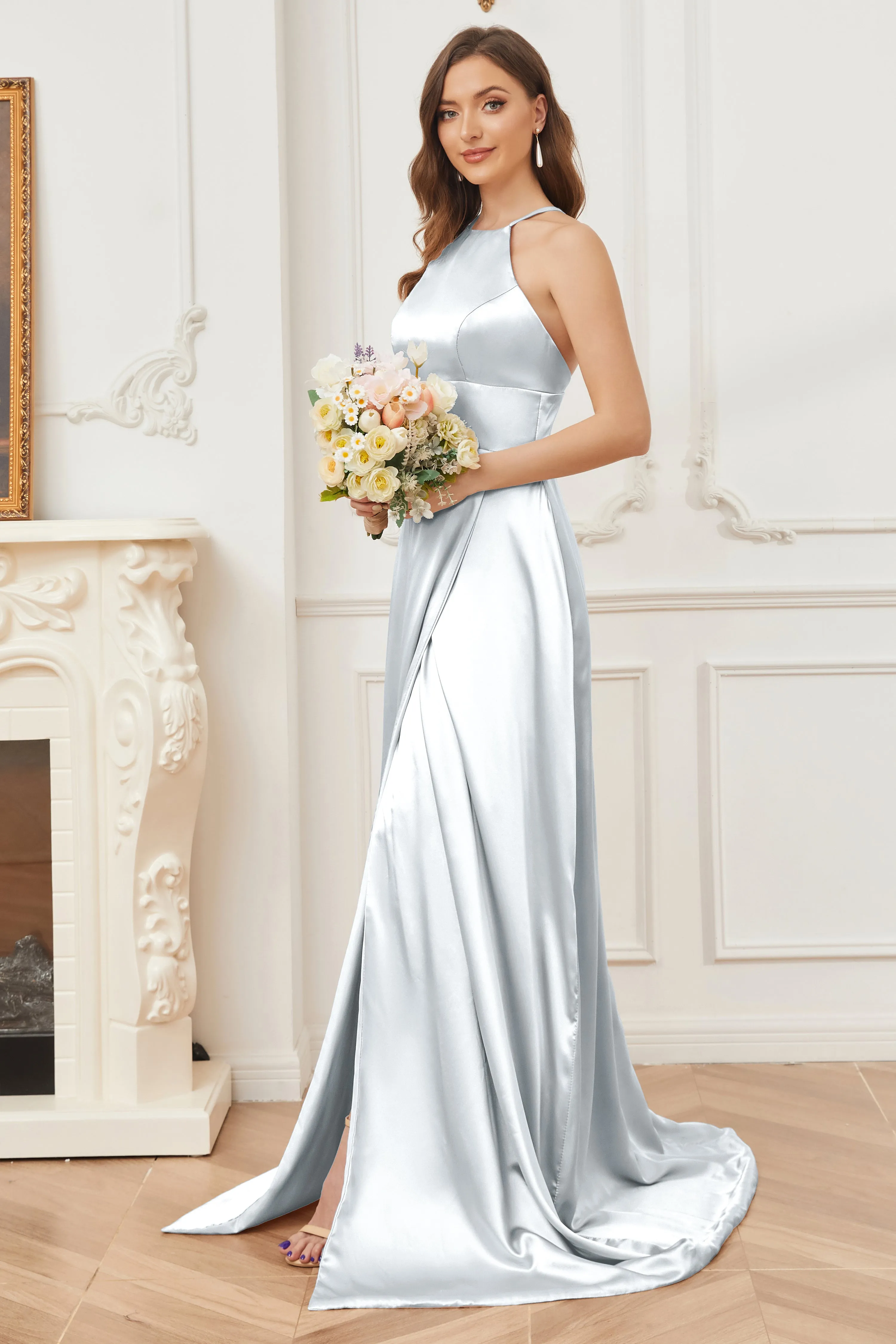 Column Halter Soft Satin Bridesmaid Dress with Pockets