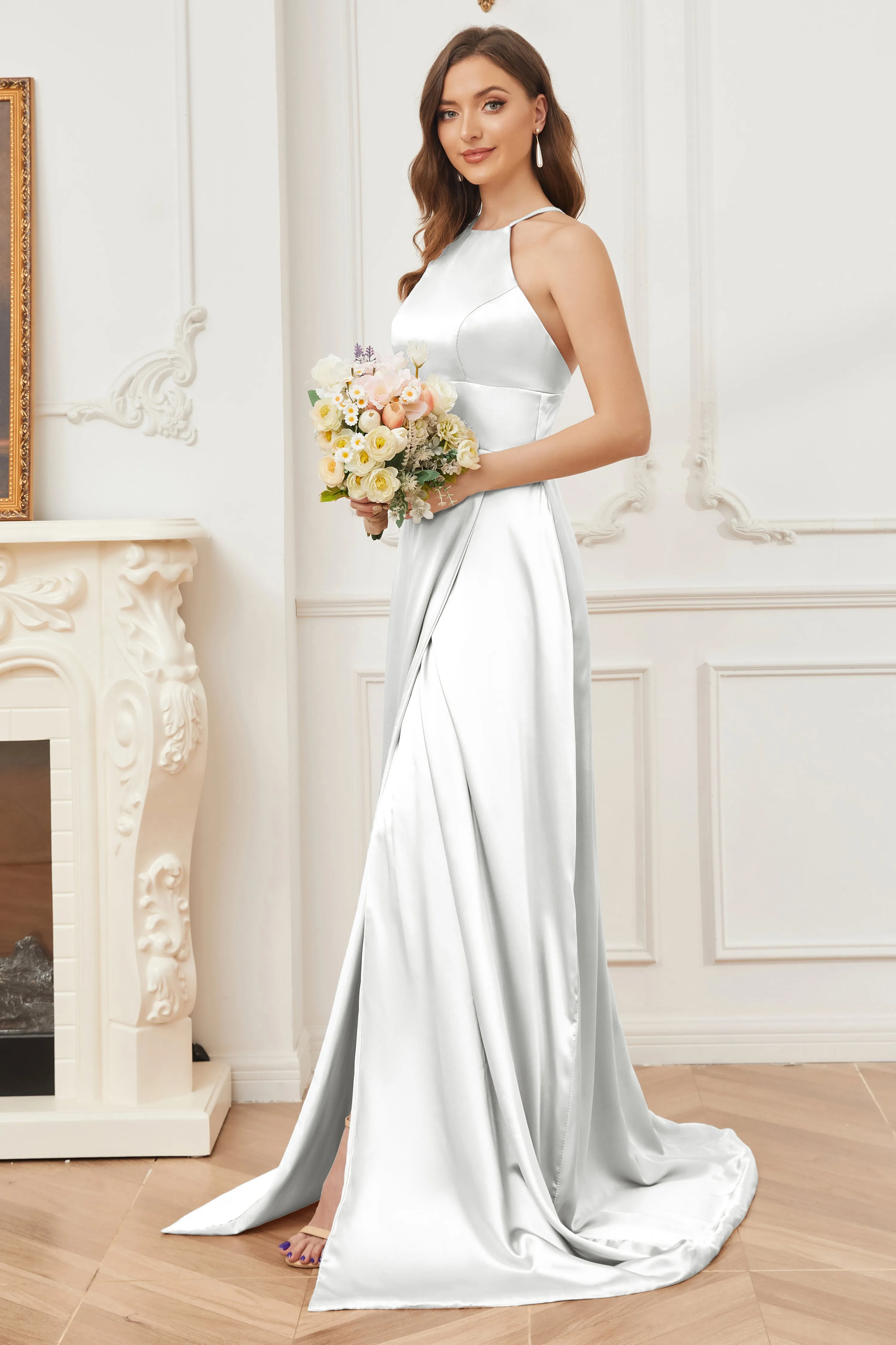Column Halter Soft Satin Bridesmaid Dress with Pockets