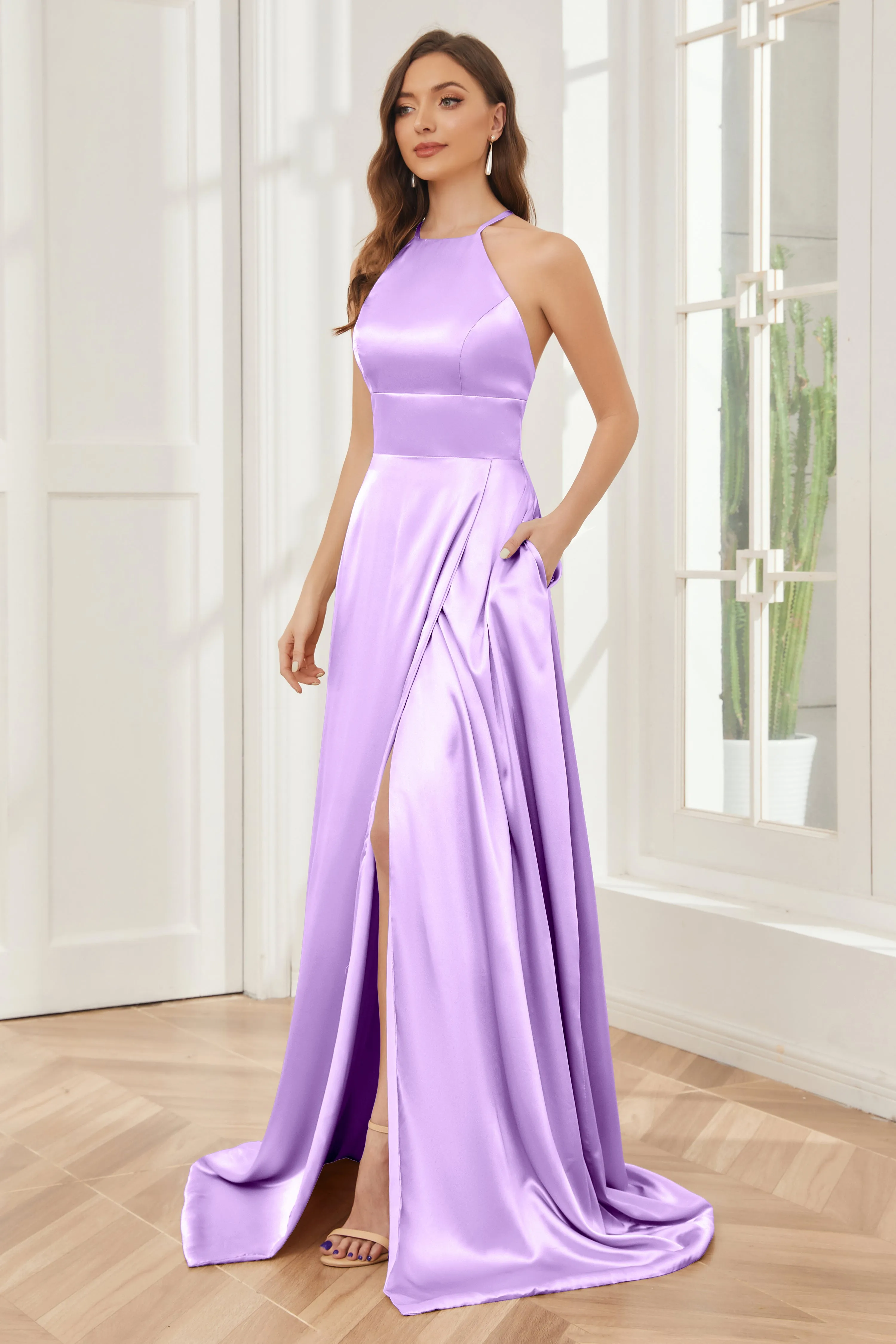 Column Halter Soft Satin Bridesmaid Dress with Pockets