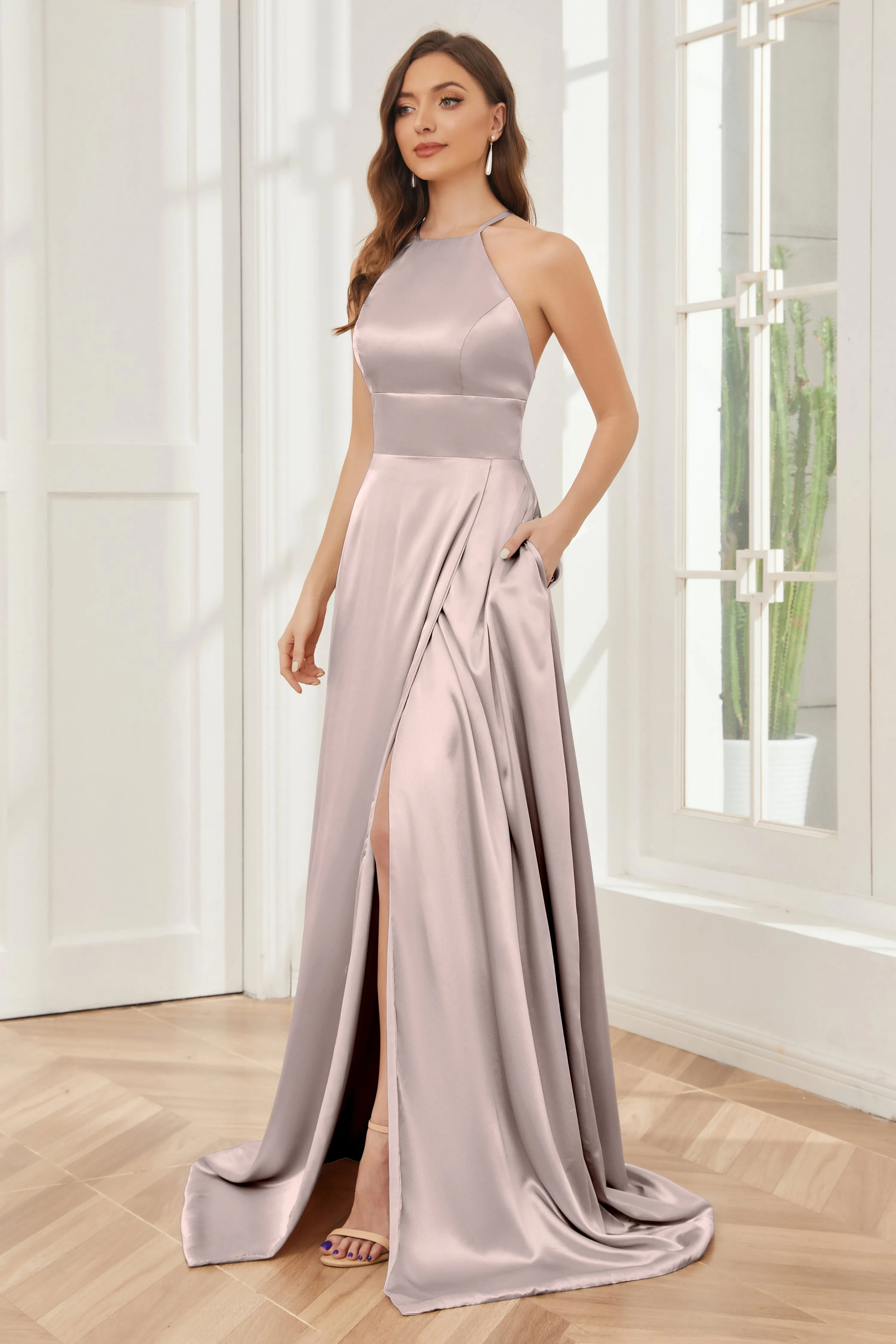 Column Halter Soft Satin Bridesmaid Dress with Pockets