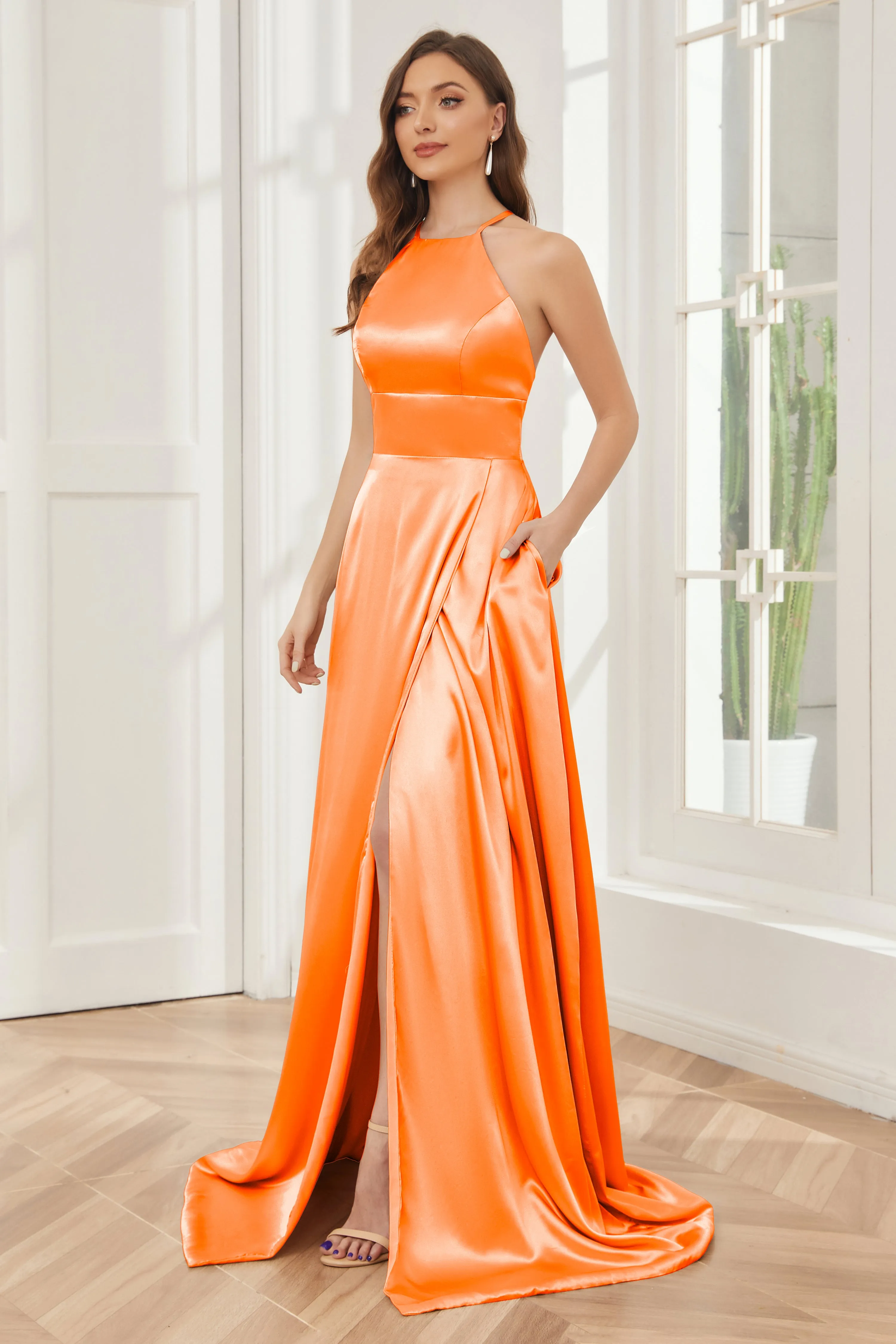Column Halter Soft Satin Bridesmaid Dress with Pockets