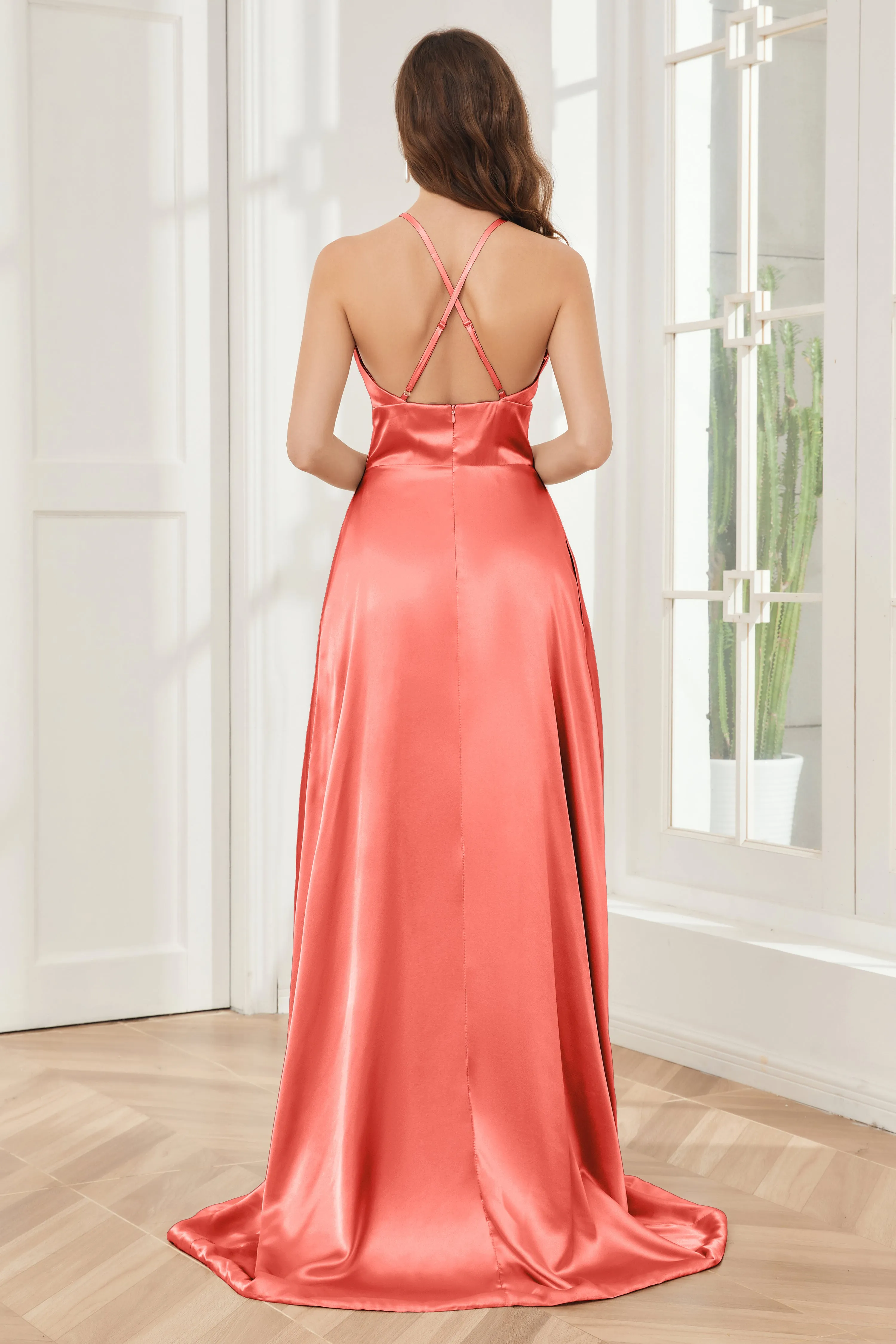 Column Halter Soft Satin Bridesmaid Dress with Pockets
