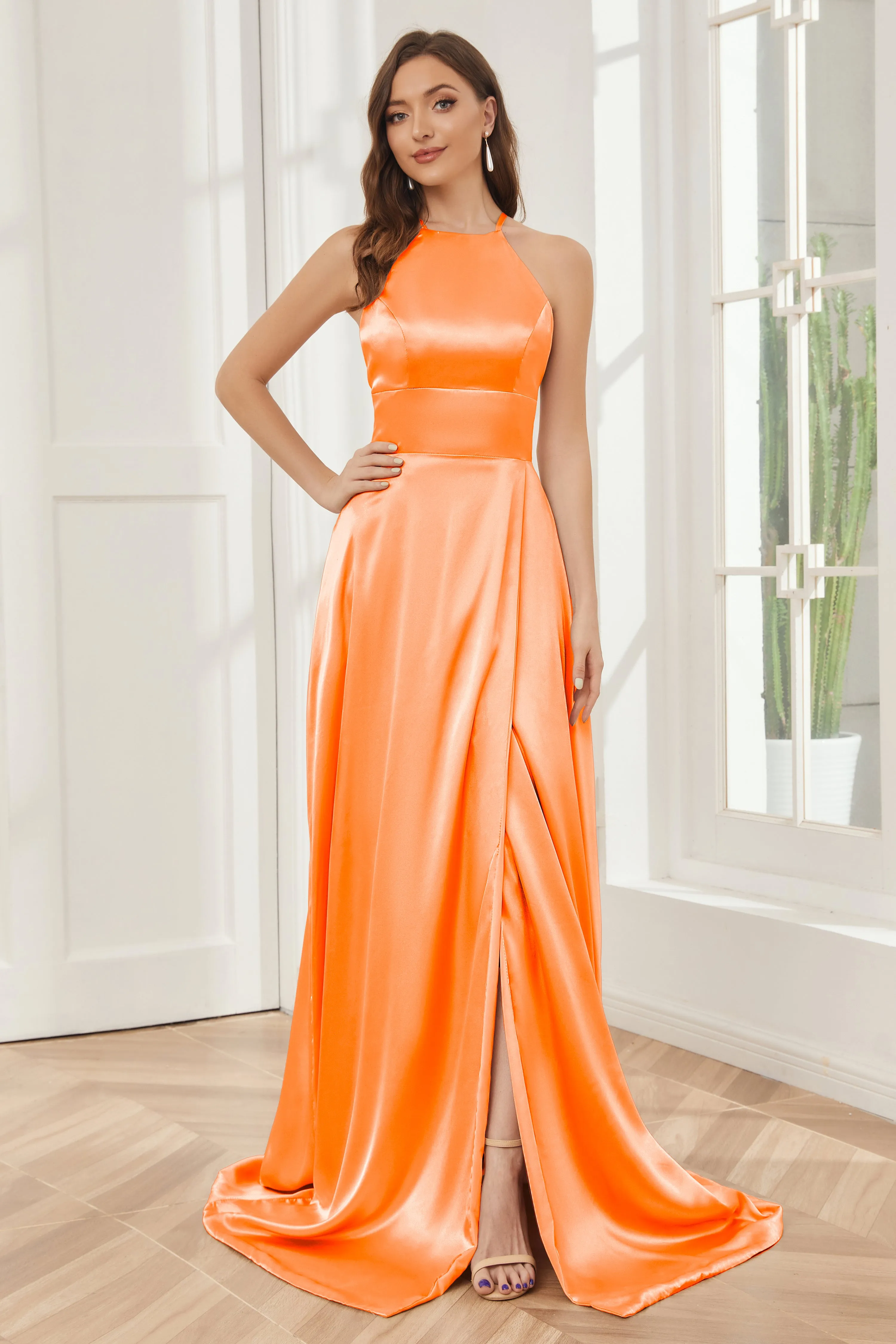 Column Halter Soft Satin Bridesmaid Dress with Pockets