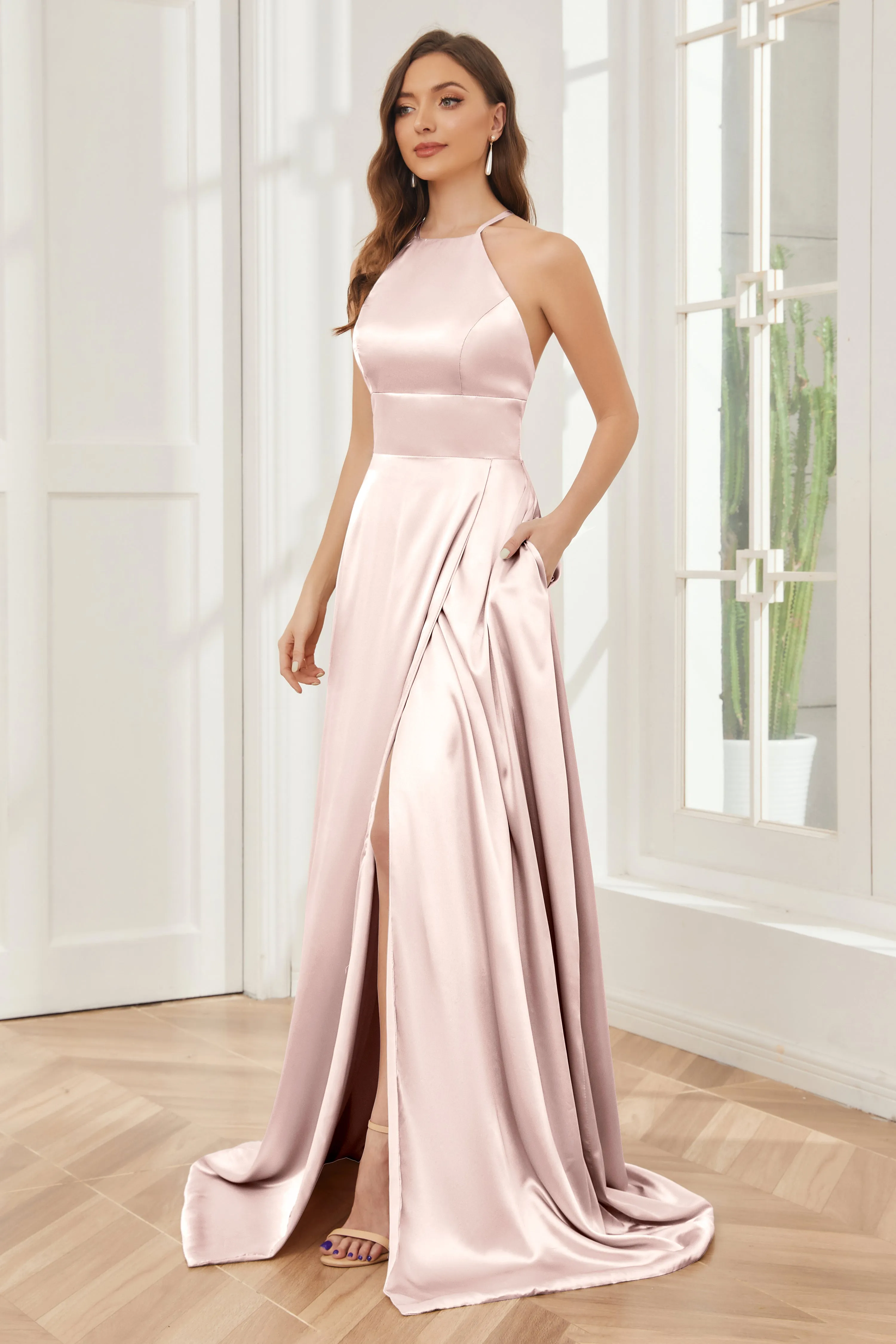 Column Halter Soft Satin Bridesmaid Dress with Pockets