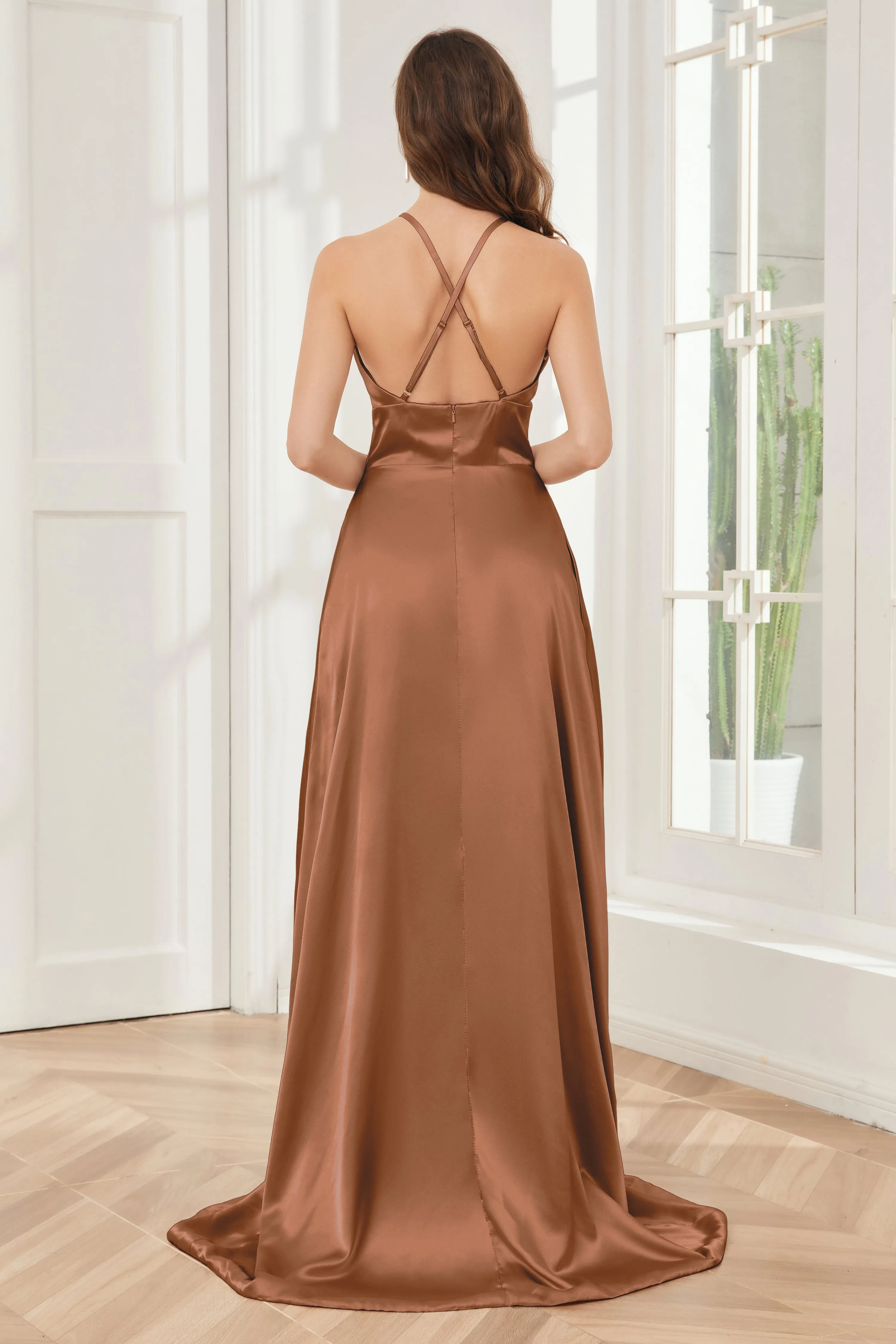 Column Halter Soft Satin Bridesmaid Dress with Pockets