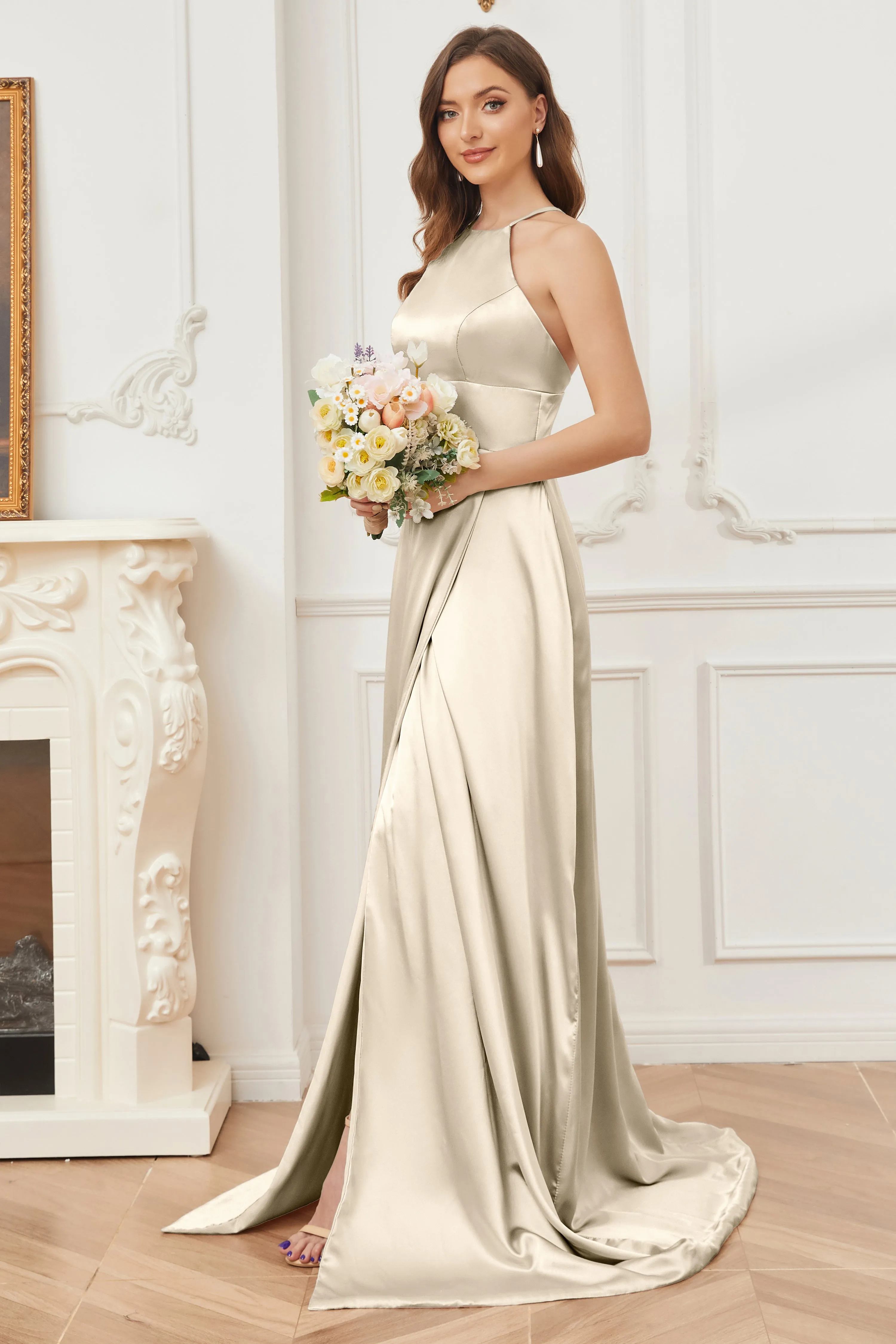 Column Halter Soft Satin Bridesmaid Dress with Pockets