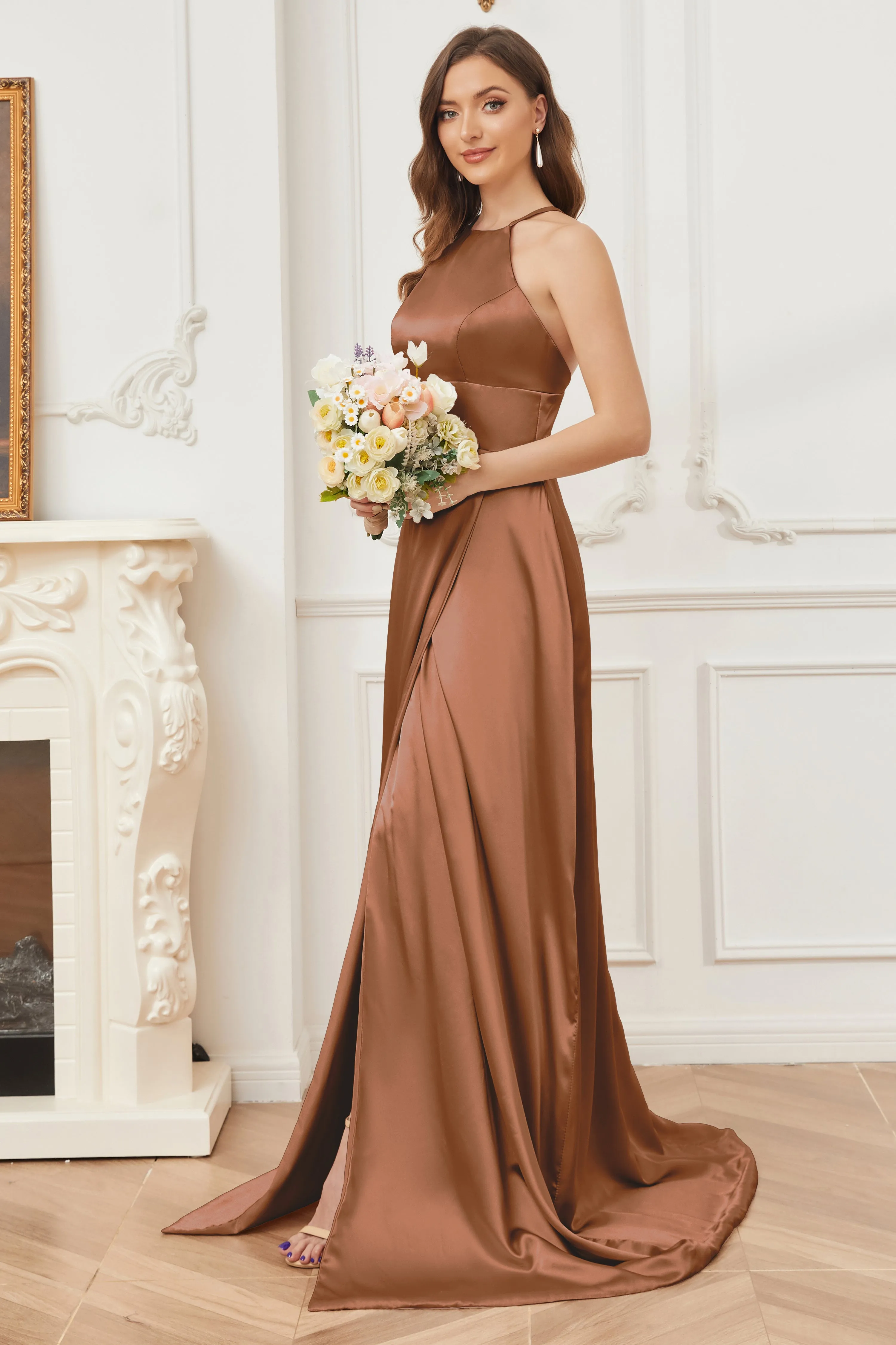 Column Halter Soft Satin Bridesmaid Dress with Pockets