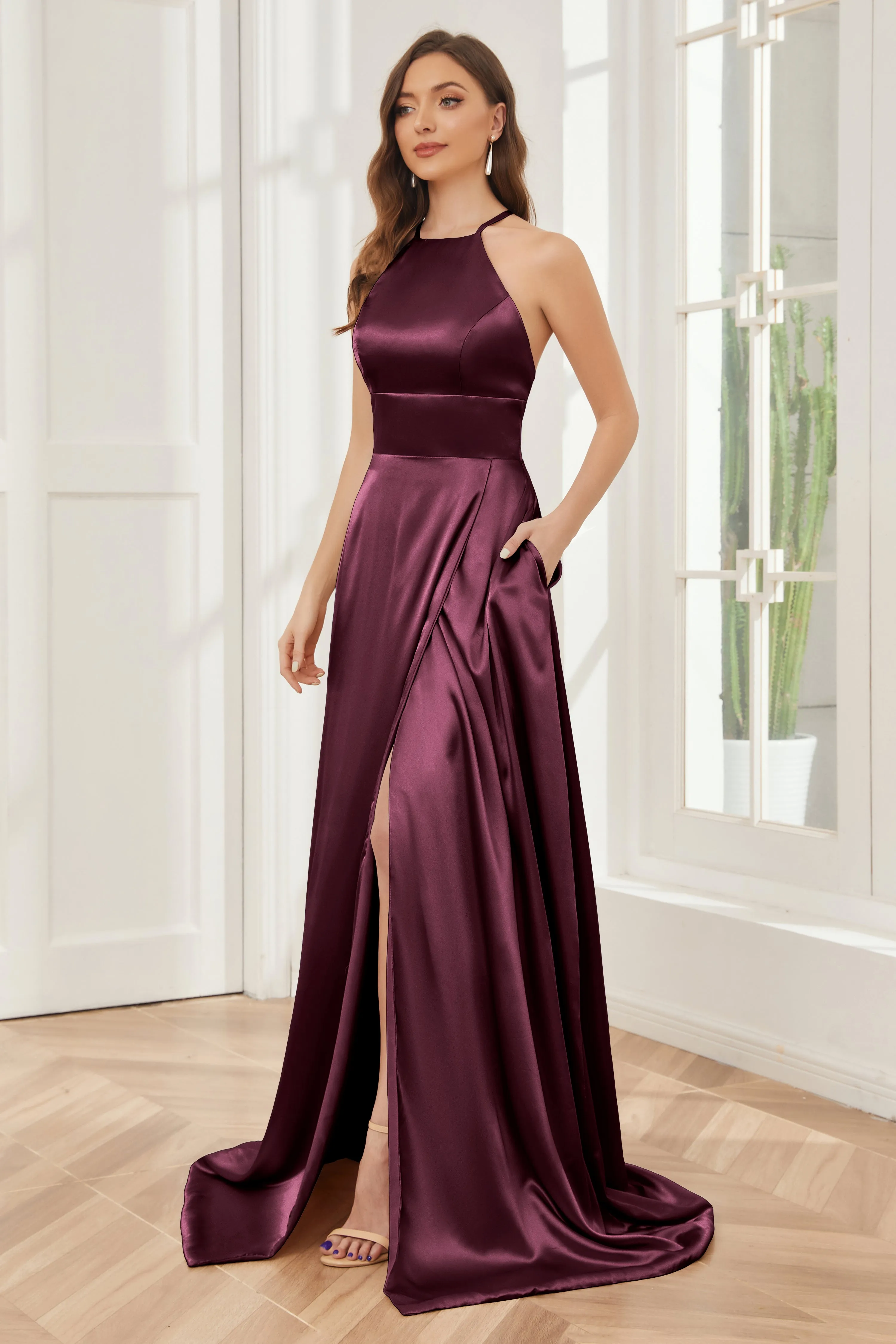 Column Halter Soft Satin Bridesmaid Dress with Pockets