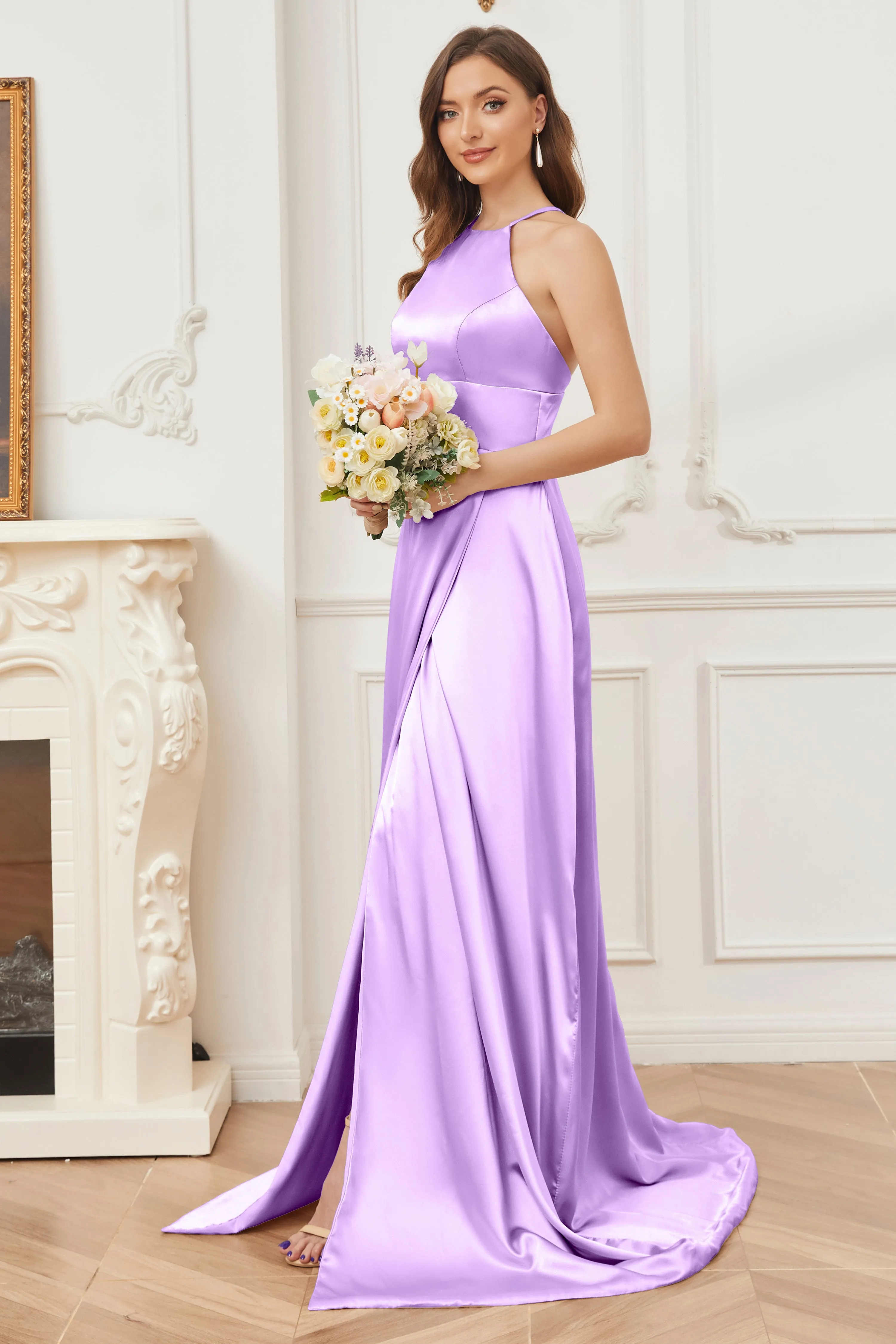 Column Halter Soft Satin Bridesmaid Dress with Pockets