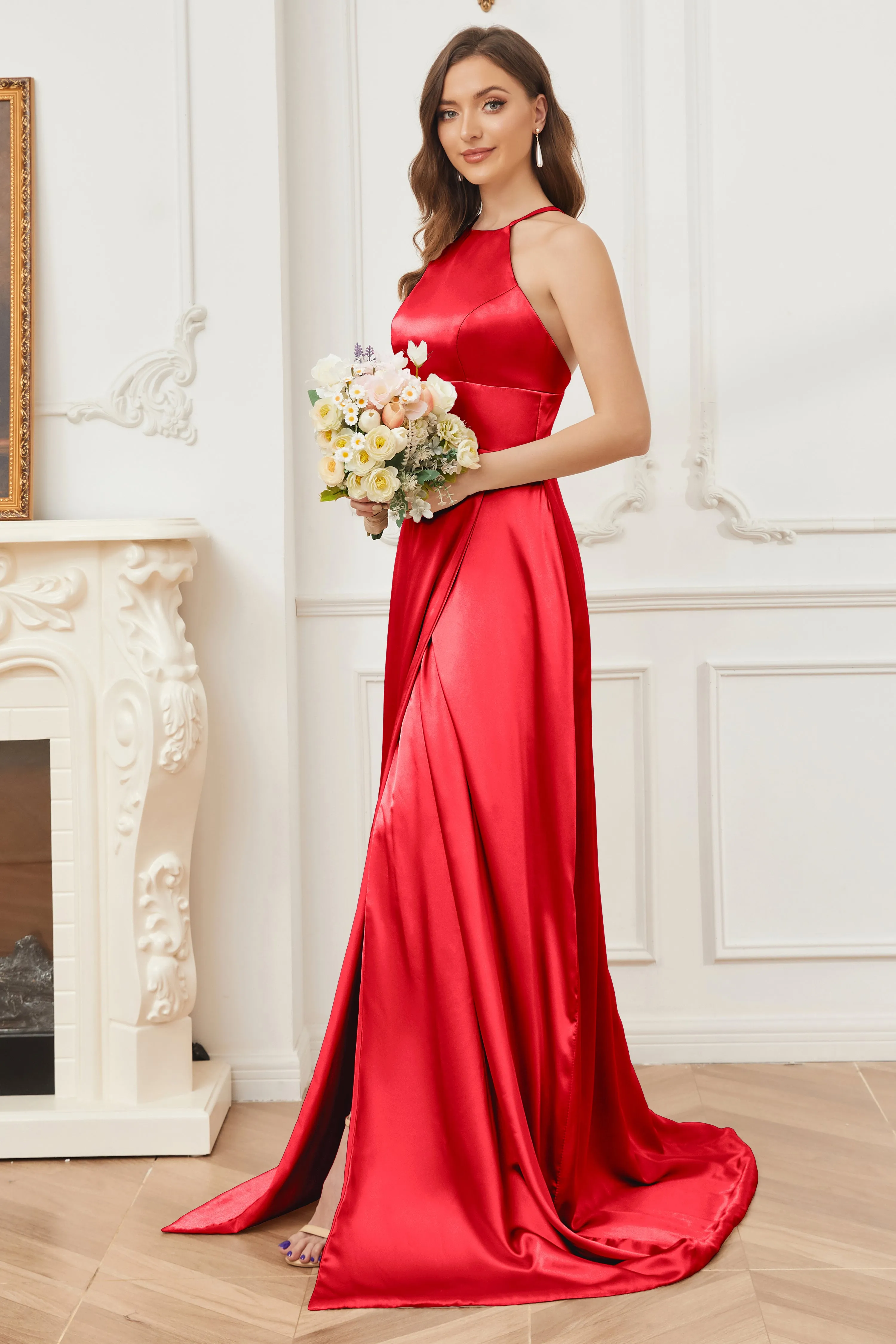 Column Halter Soft Satin Bridesmaid Dress with Pockets