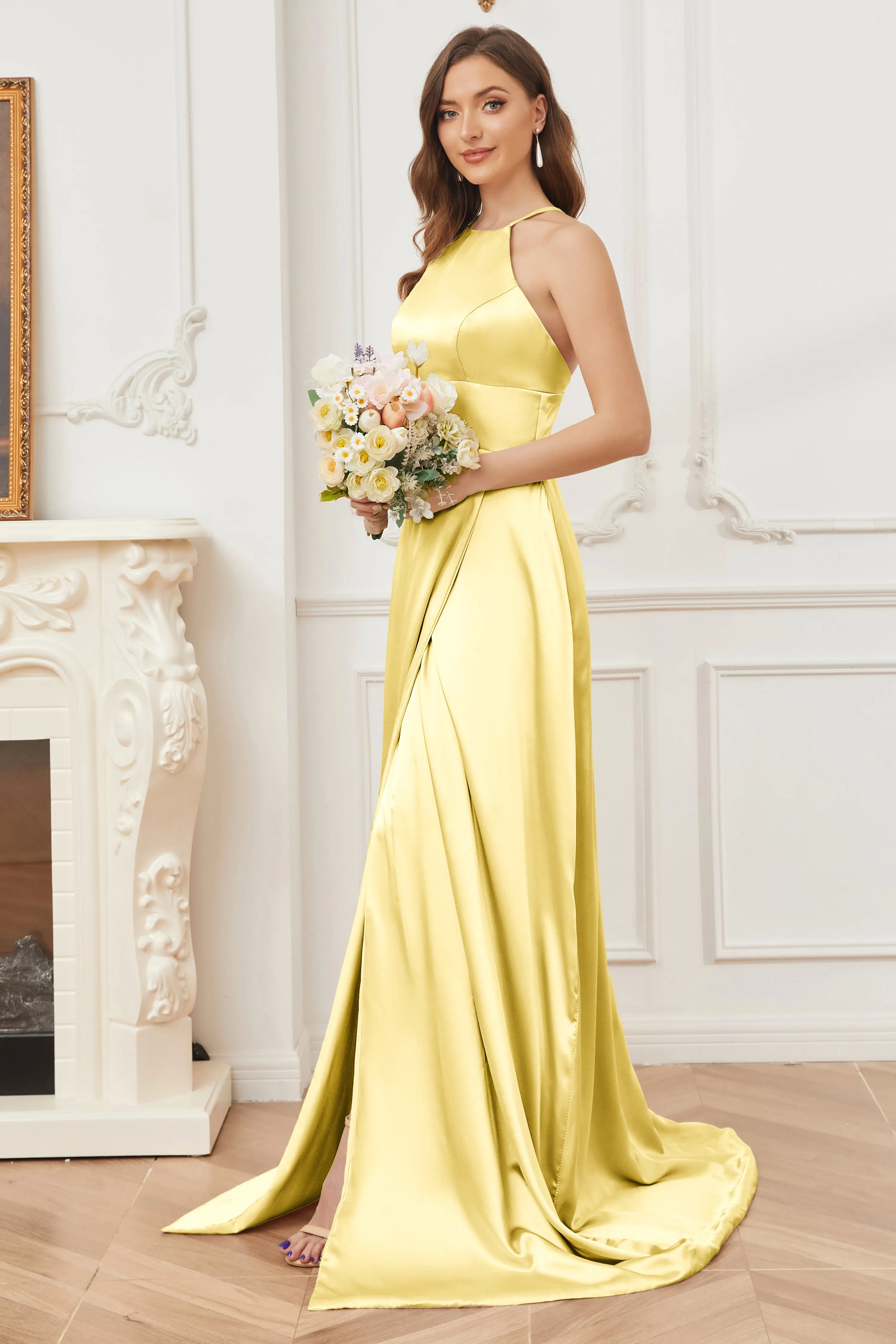 Column Halter Soft Satin Bridesmaid Dress with Pockets