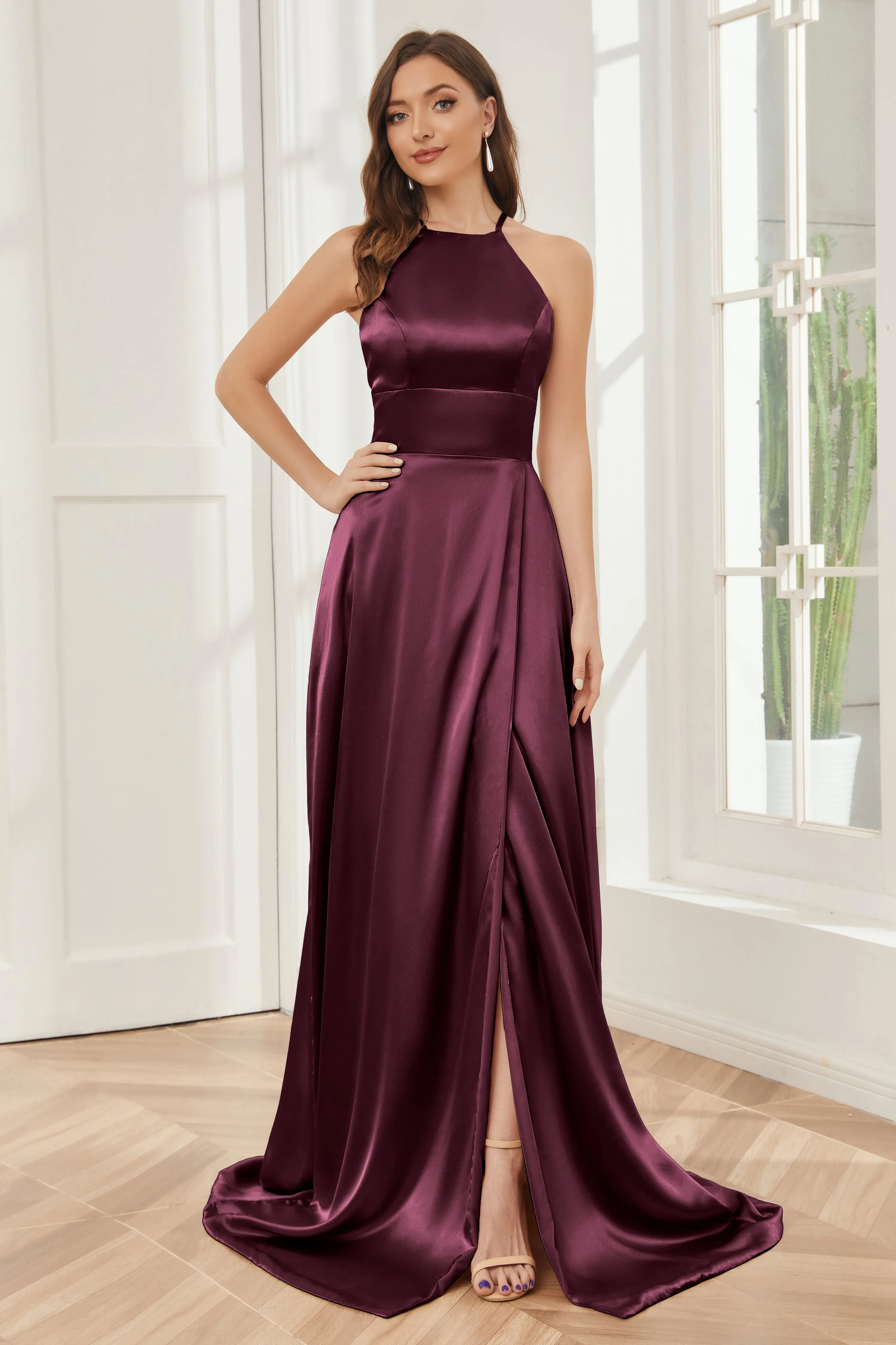 Column Halter Soft Satin Bridesmaid Dress with Pockets