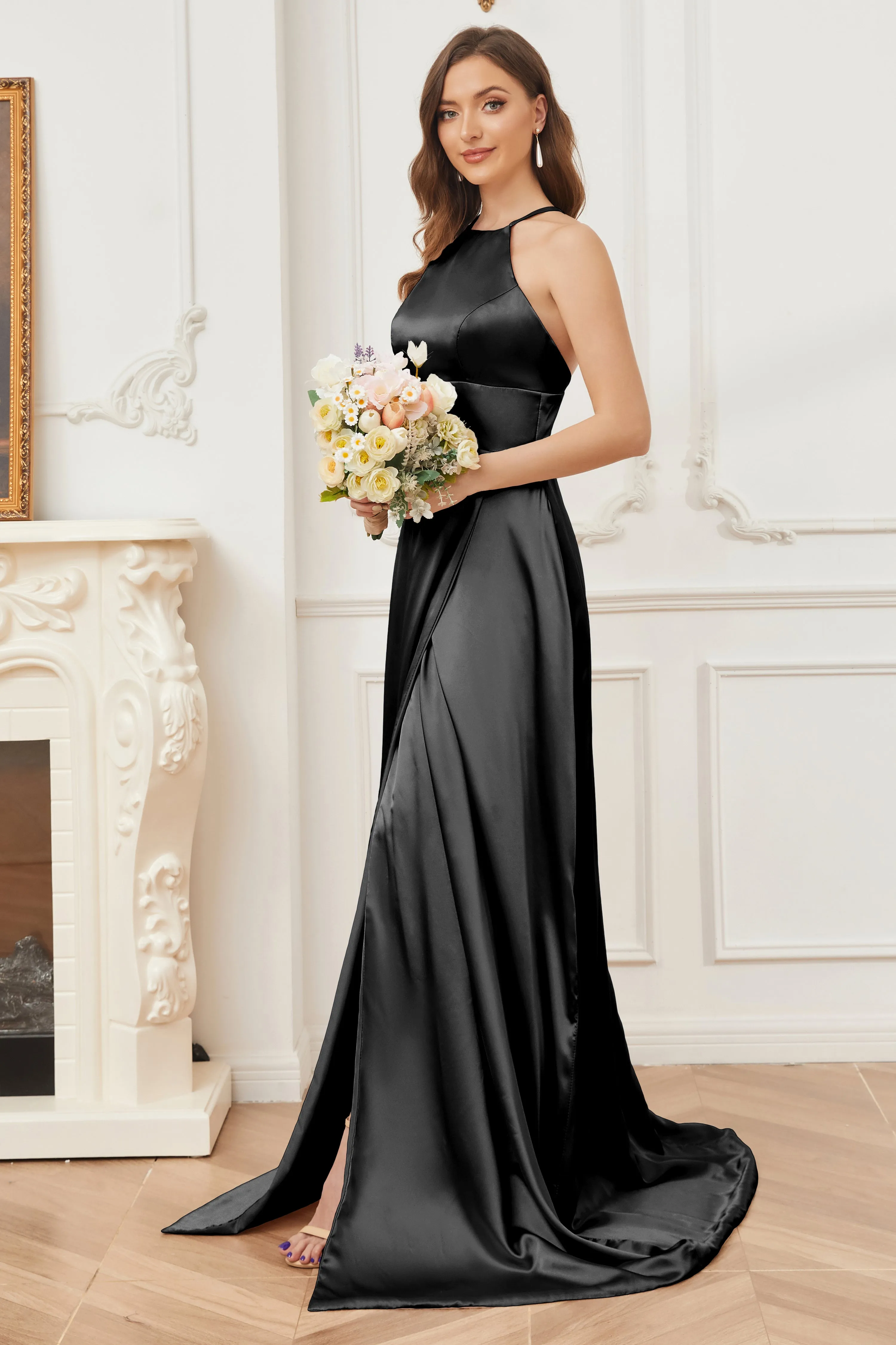 Column Halter Soft Satin Bridesmaid Dress with Pockets