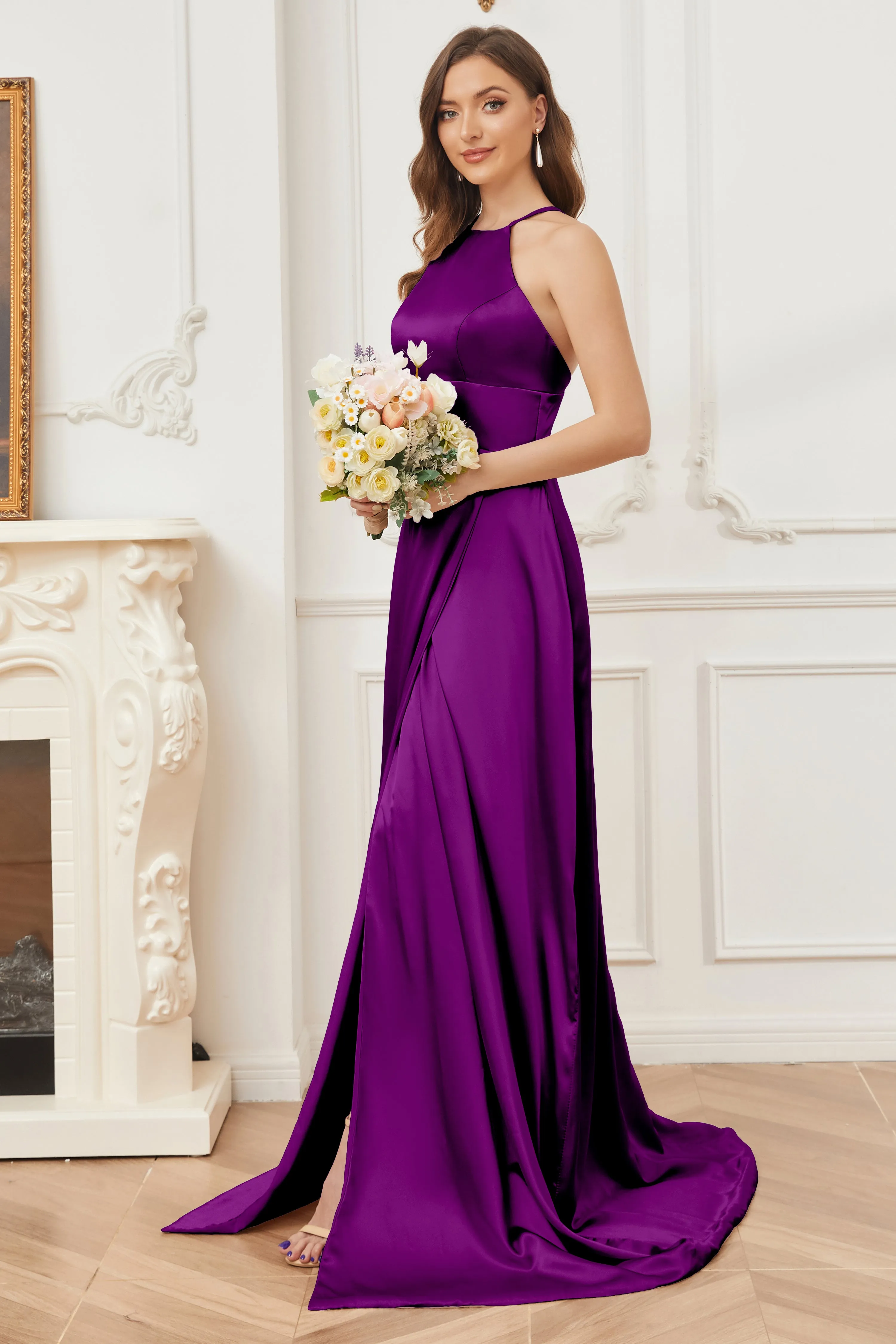 Column Halter Soft Satin Bridesmaid Dress with Pockets