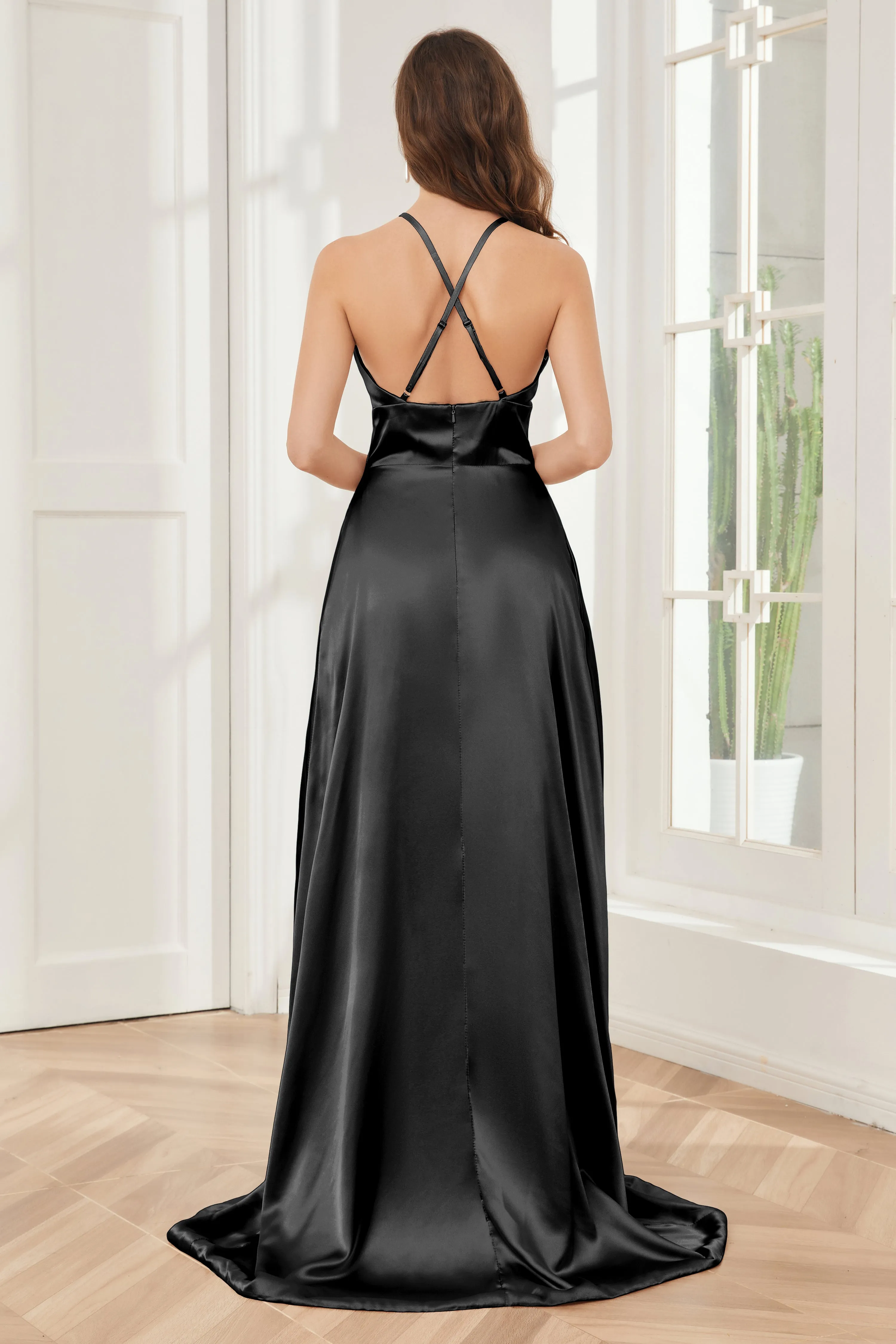Column Halter Soft Satin Bridesmaid Dress with Pockets