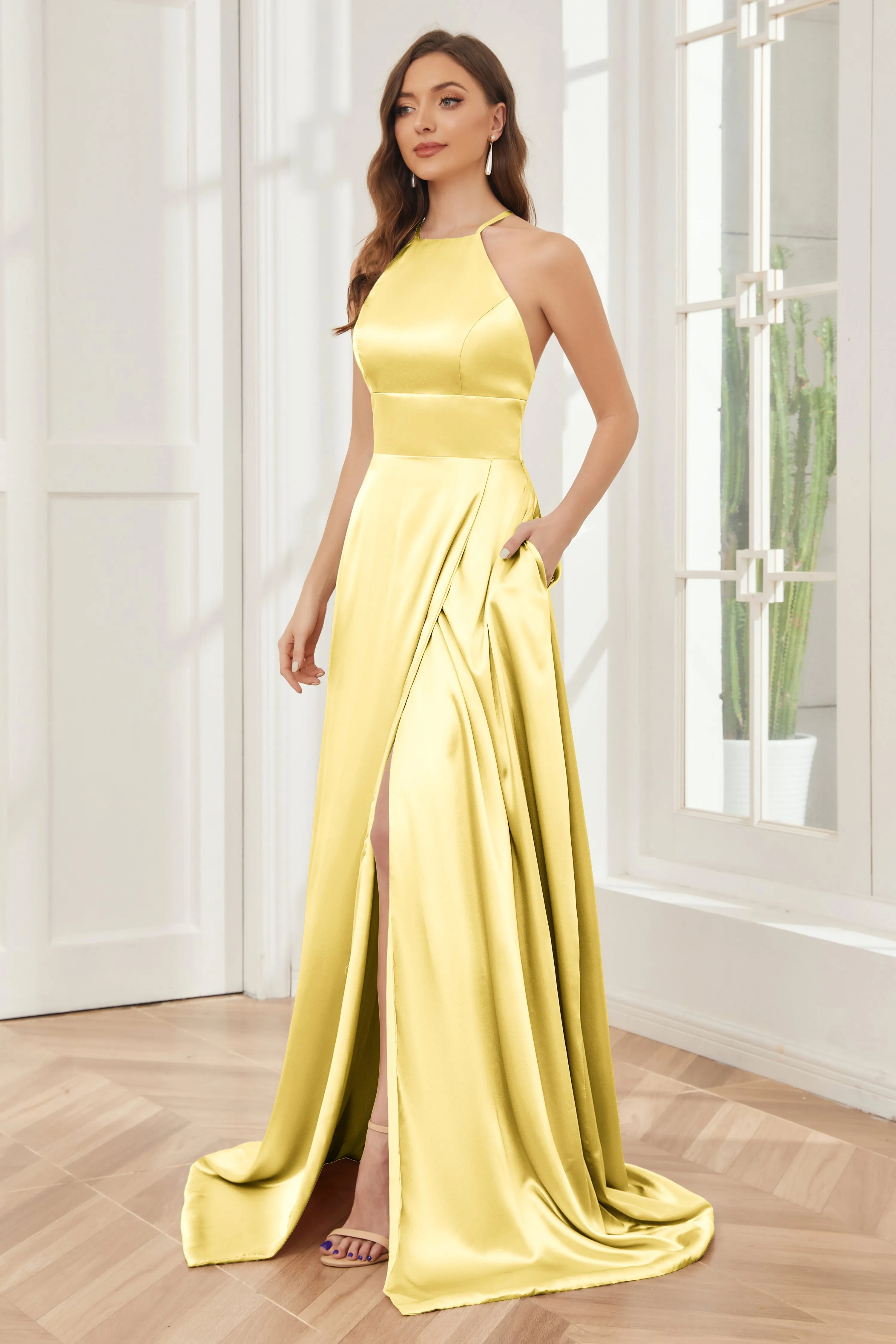 Column Halter Soft Satin Bridesmaid Dress with Pockets