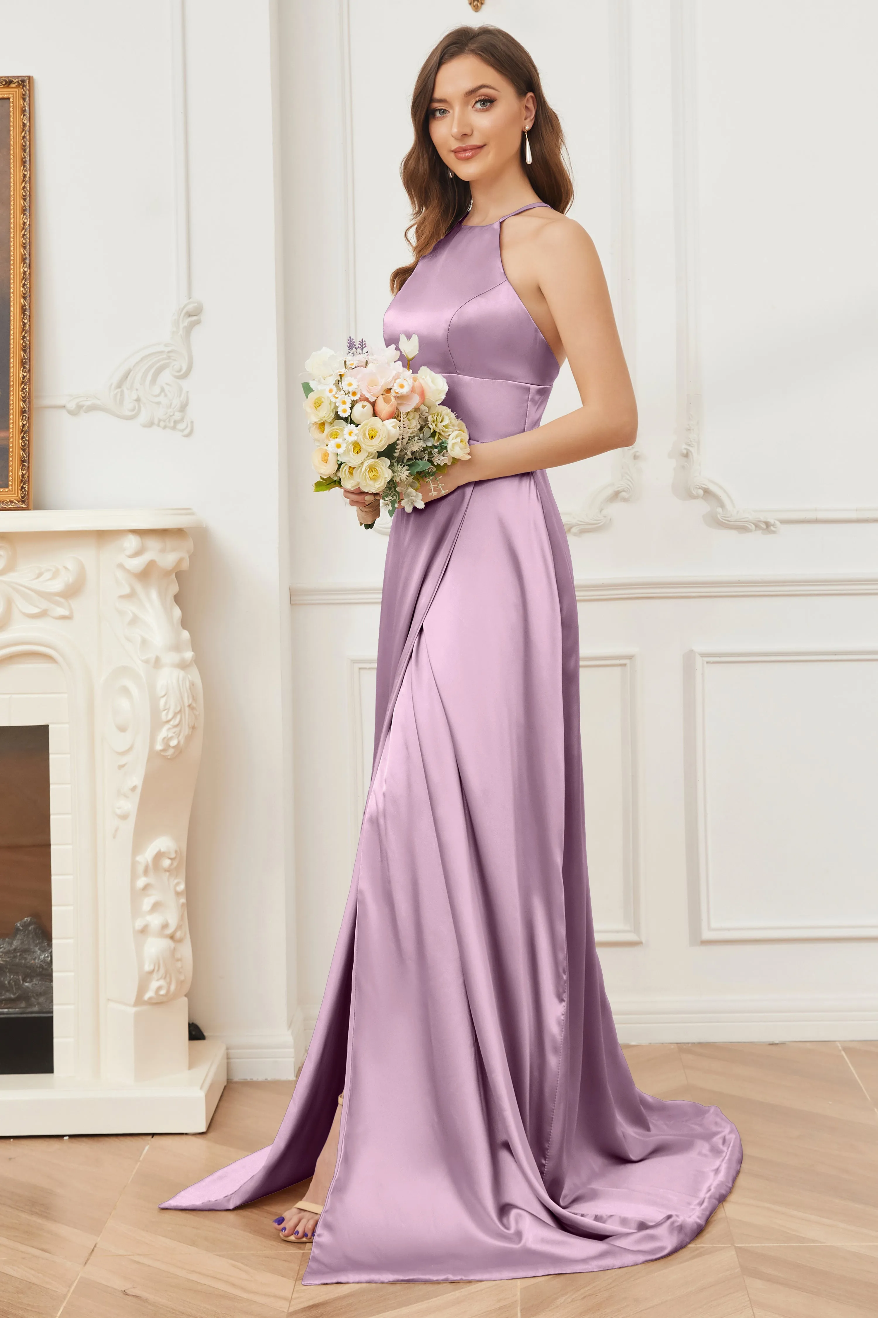 Column Halter Soft Satin Bridesmaid Dress with Pockets