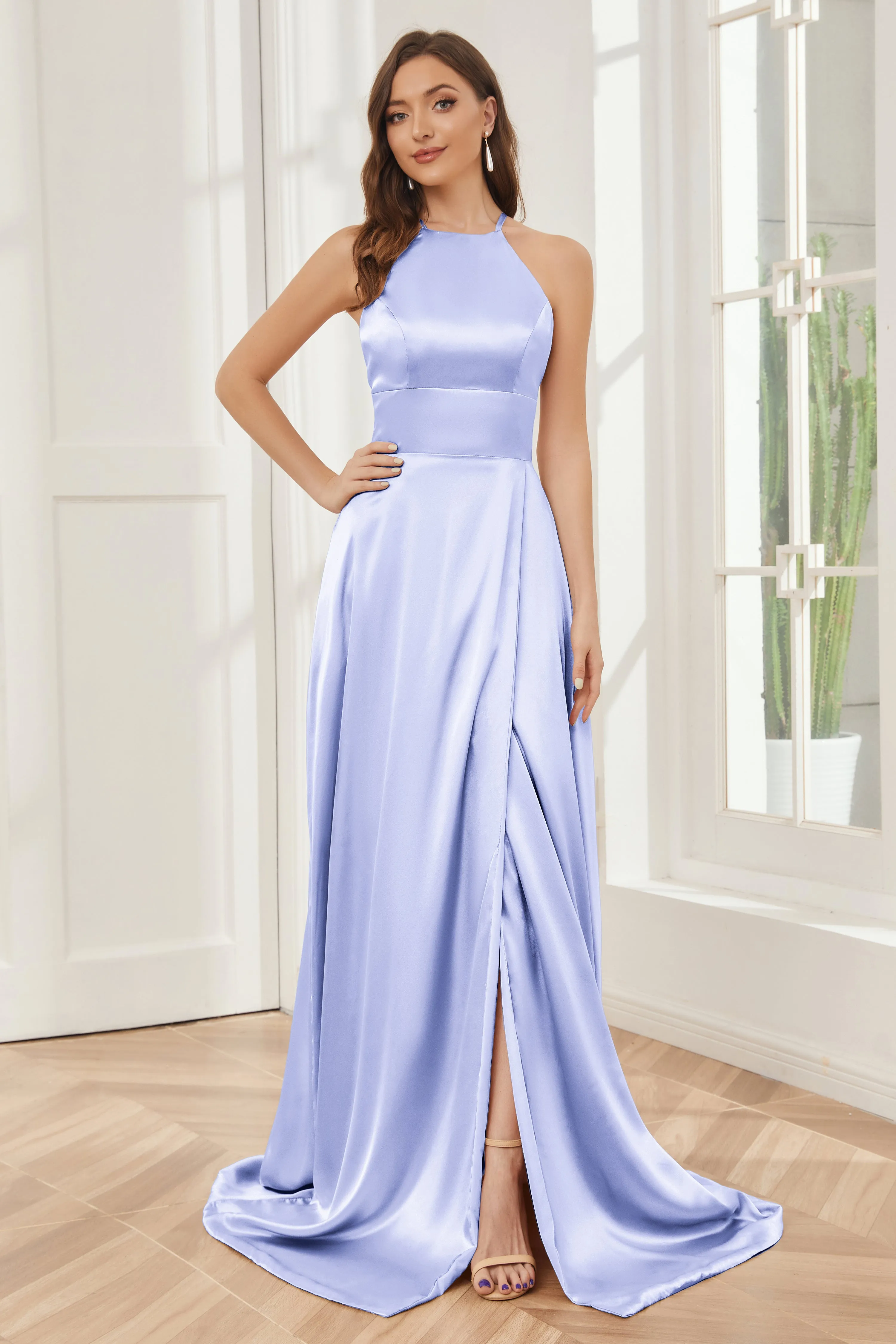 Column Halter Soft Satin Bridesmaid Dress with Pockets